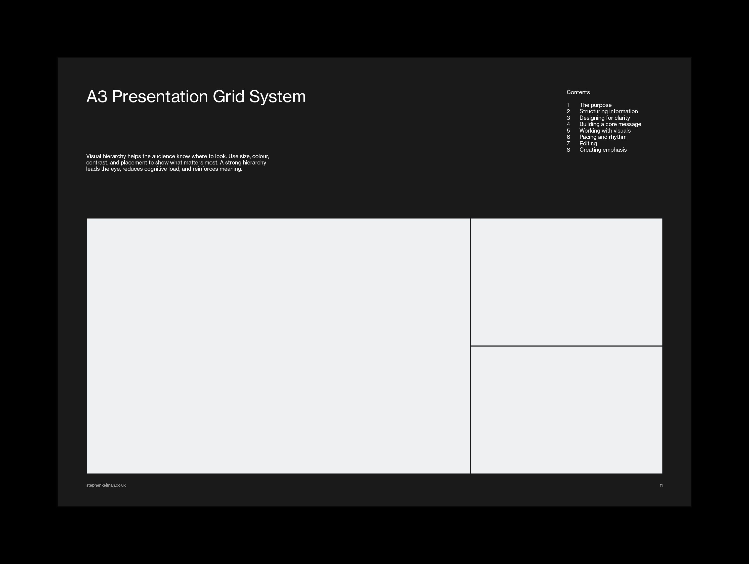 Dark slide with a large image area and two stacked panels beside the title and contents