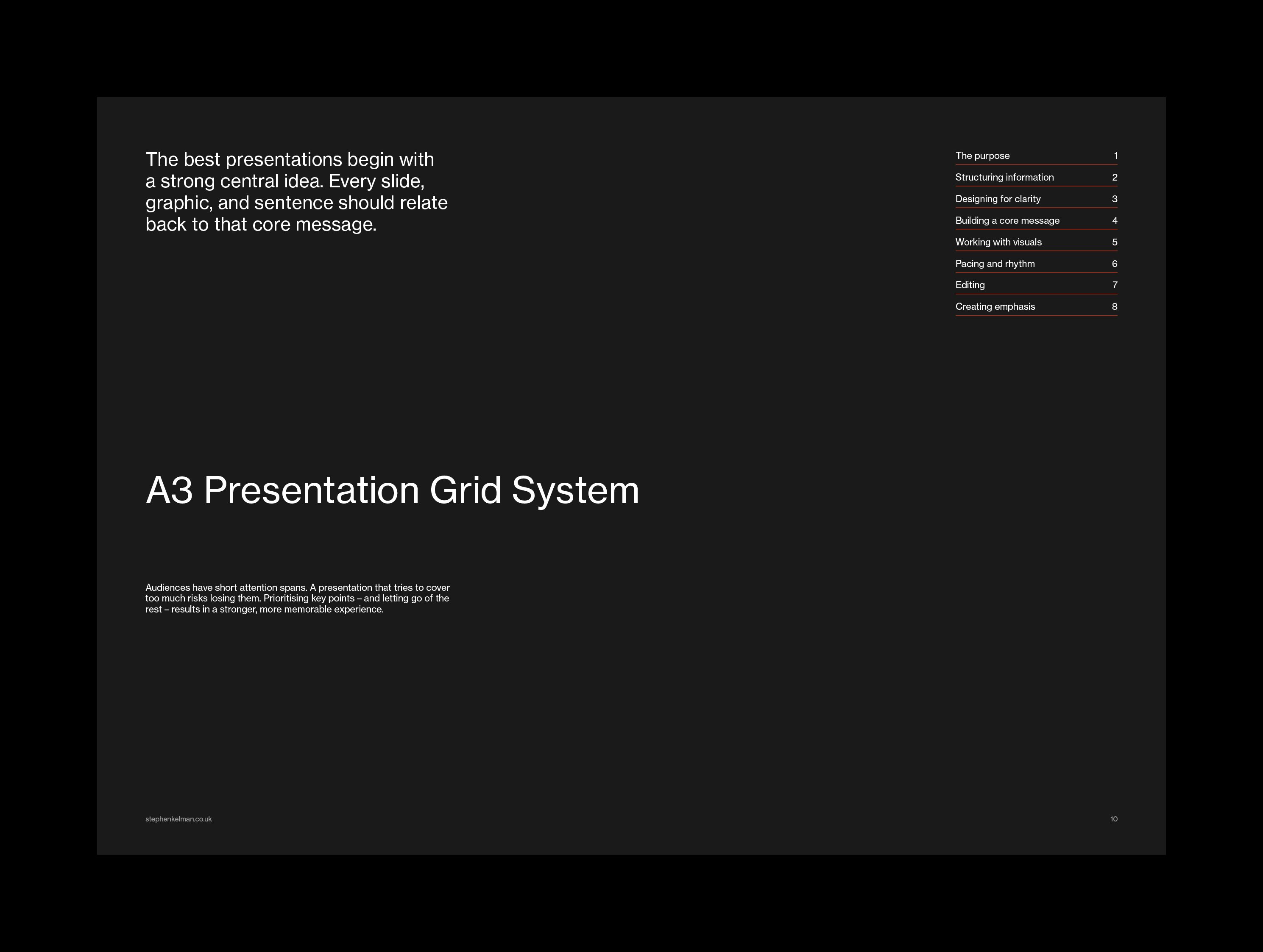 Dark section divider with the core-message statement, red-ruled contents and large title