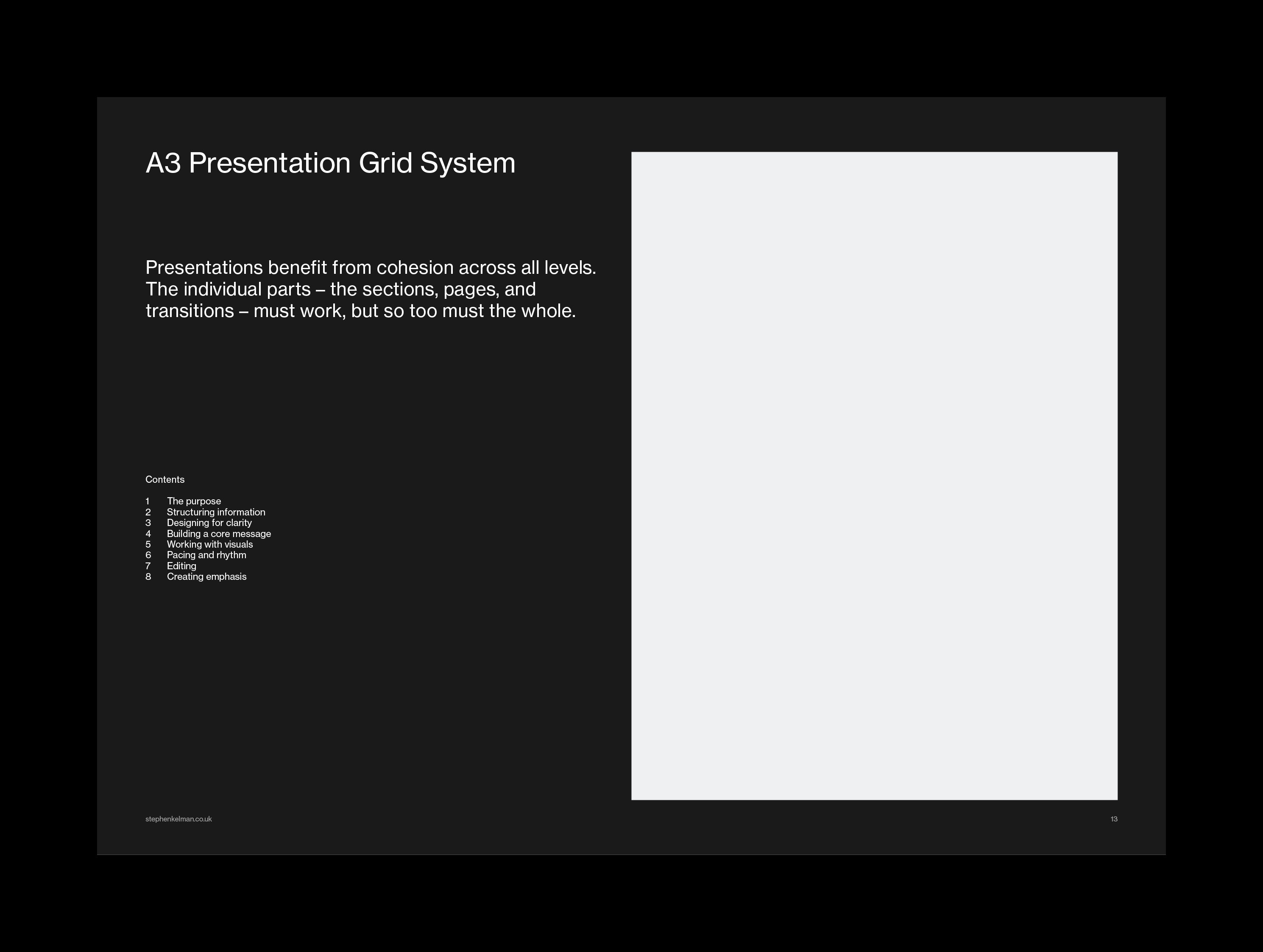 Dark split slide, cohesion statement and contents at left with a tall image panel at right