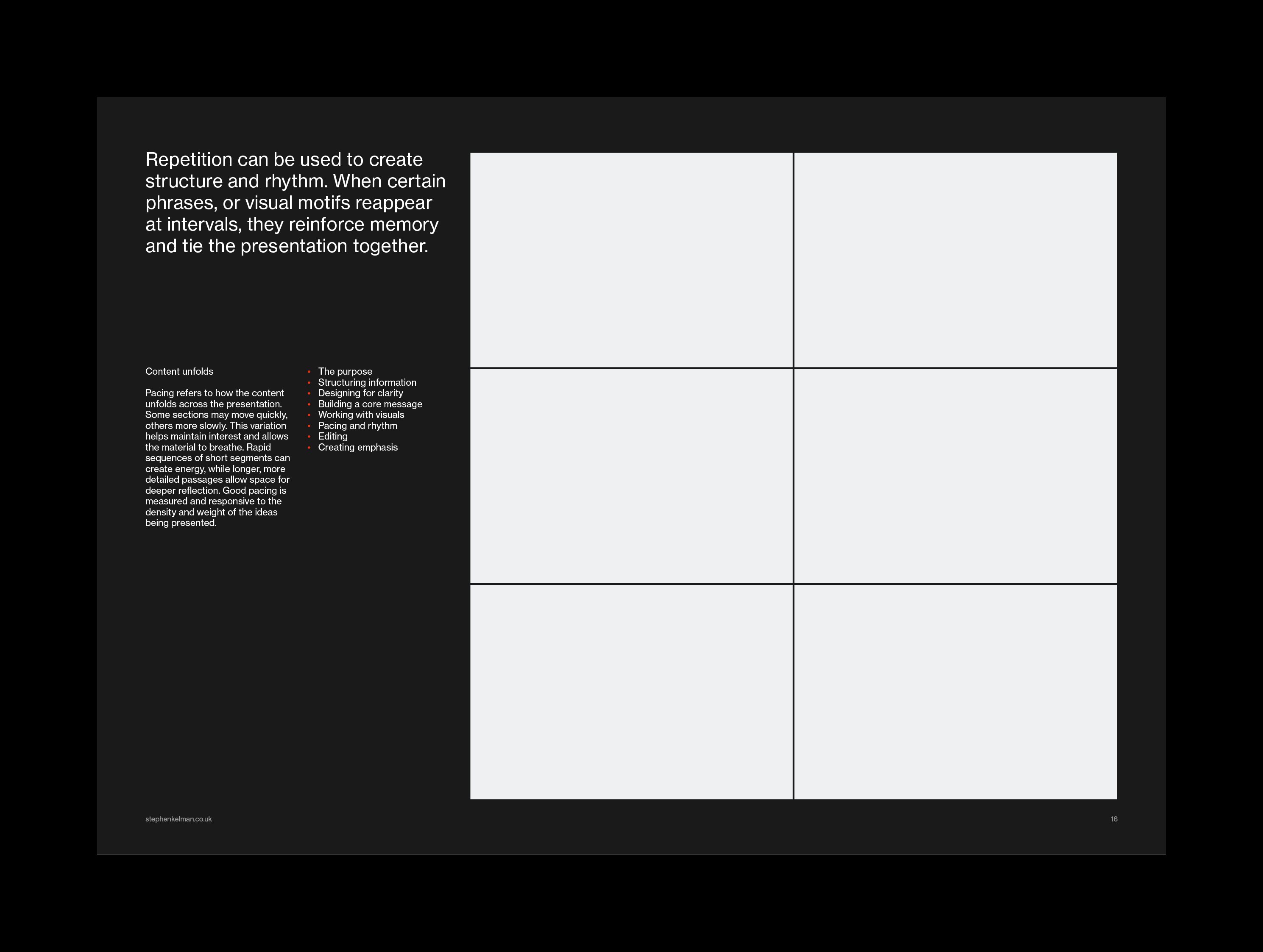Dark rhythm slide, white statement and contents list beside a six-panel image grid