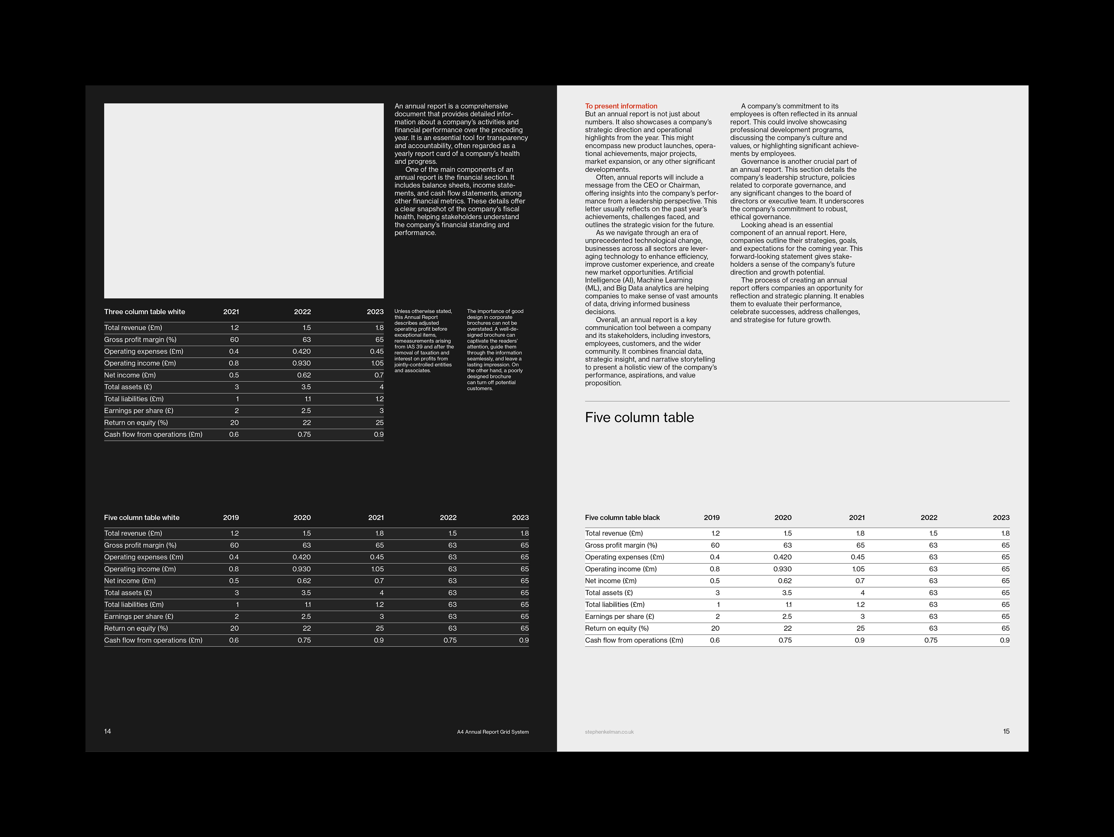 A4 Annual Report Grid System for InDesign | Internal spread with financial tables