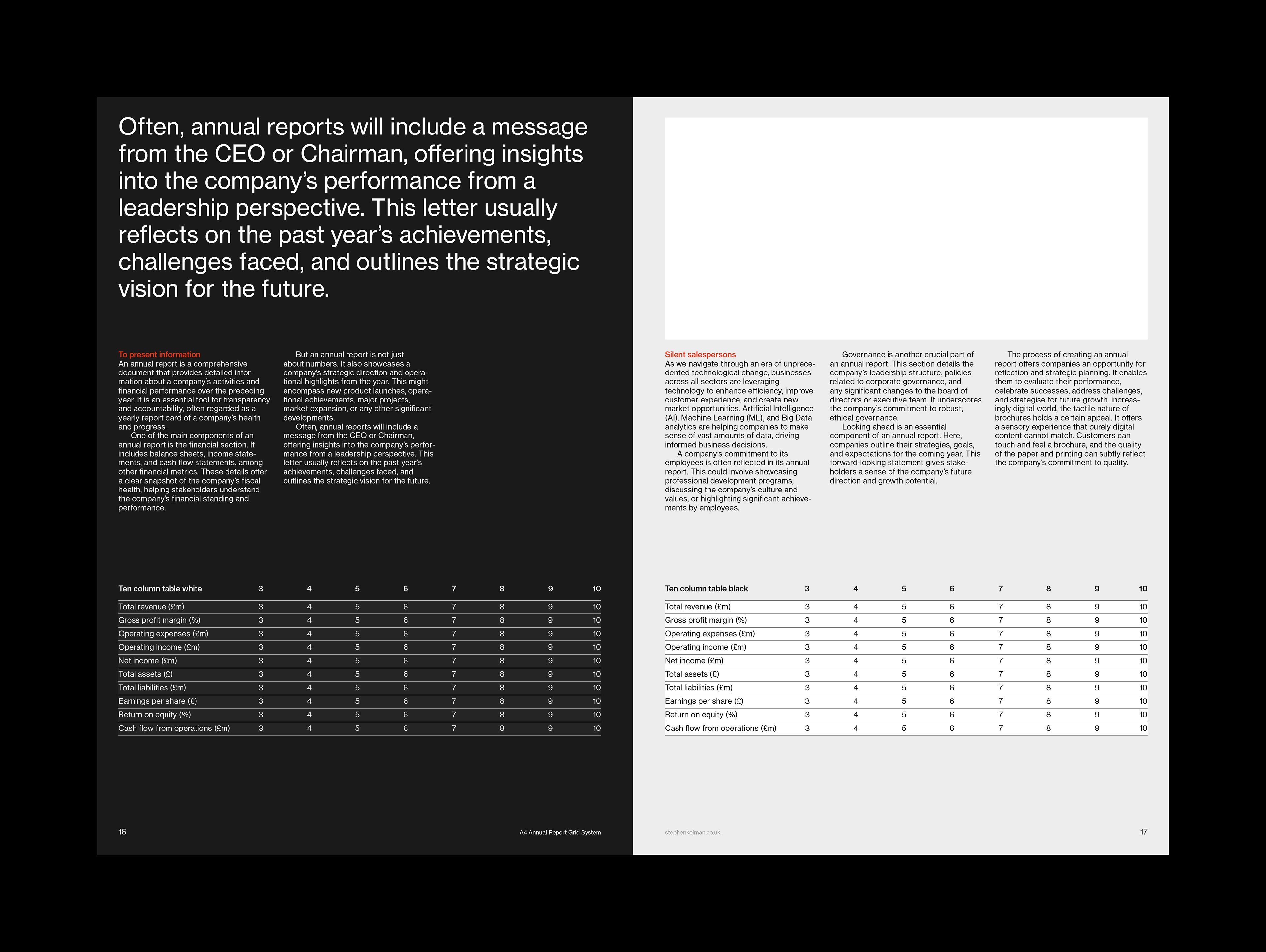 A4 Annual Report Grid System for InDesign | Internal spread with financial tables
