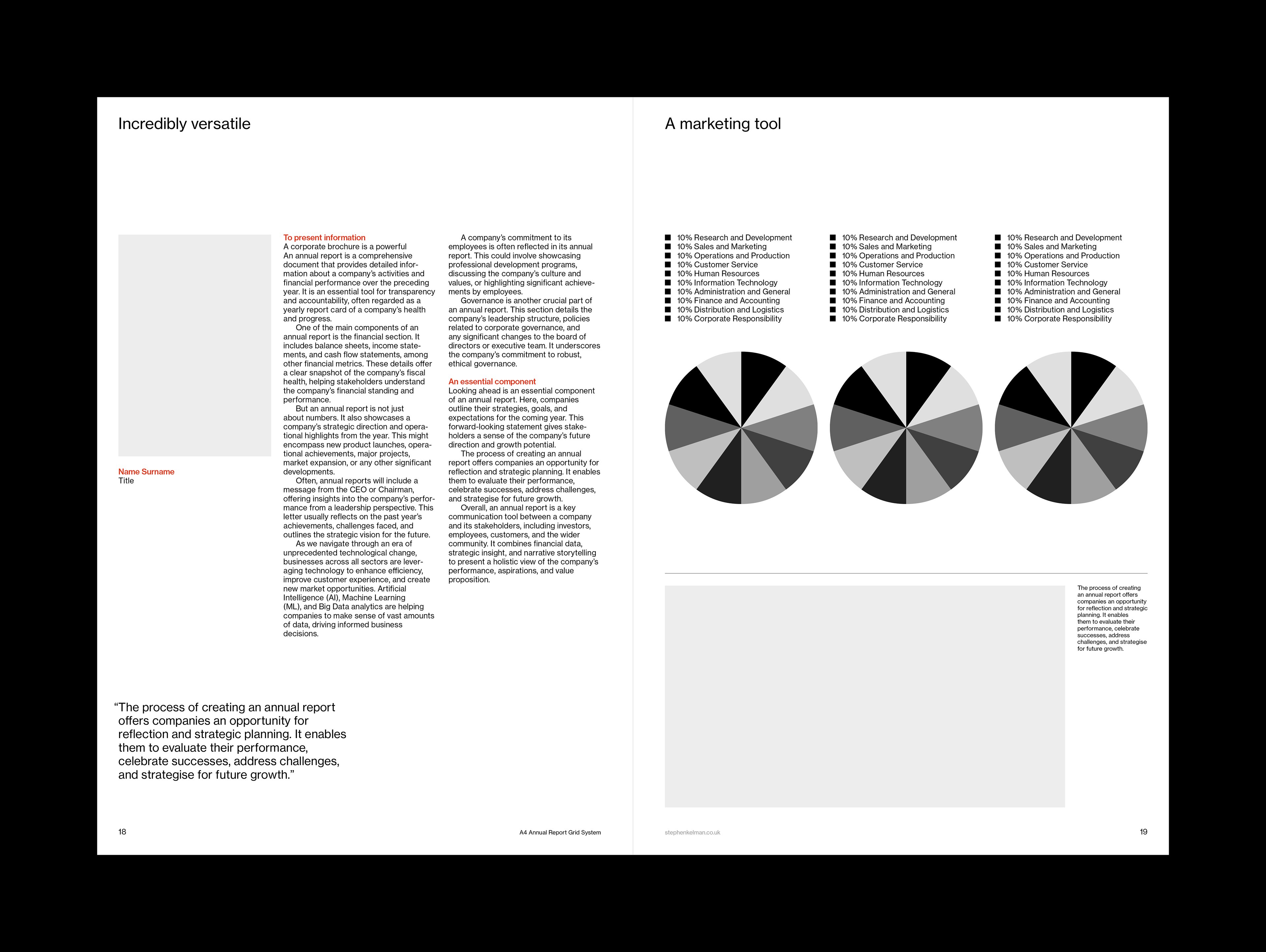 A4 Annual Report Grid System for InDesign | Internal spread with pie charts