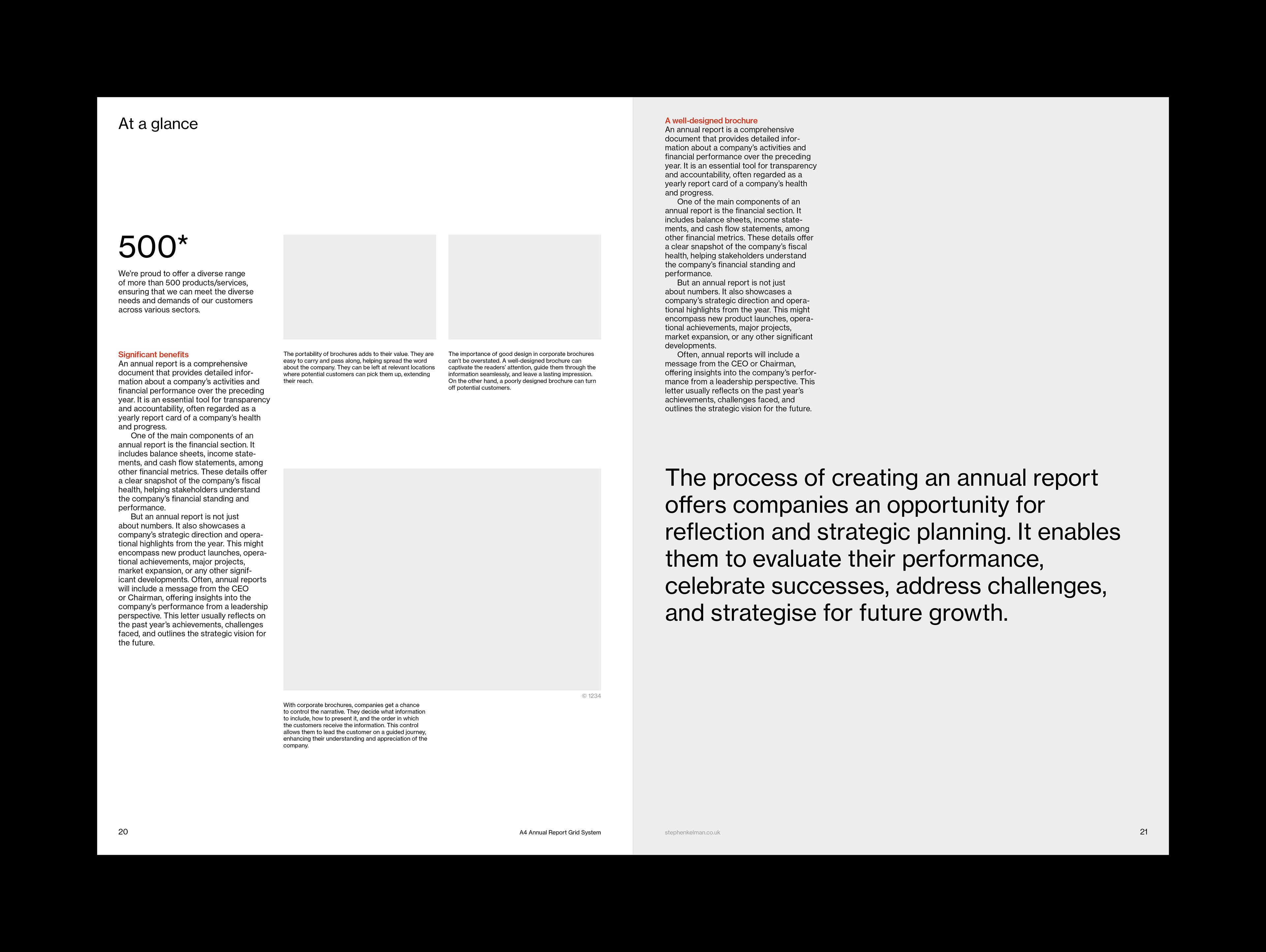Annual report spread with dense columns and a large numeral running close to the page edges