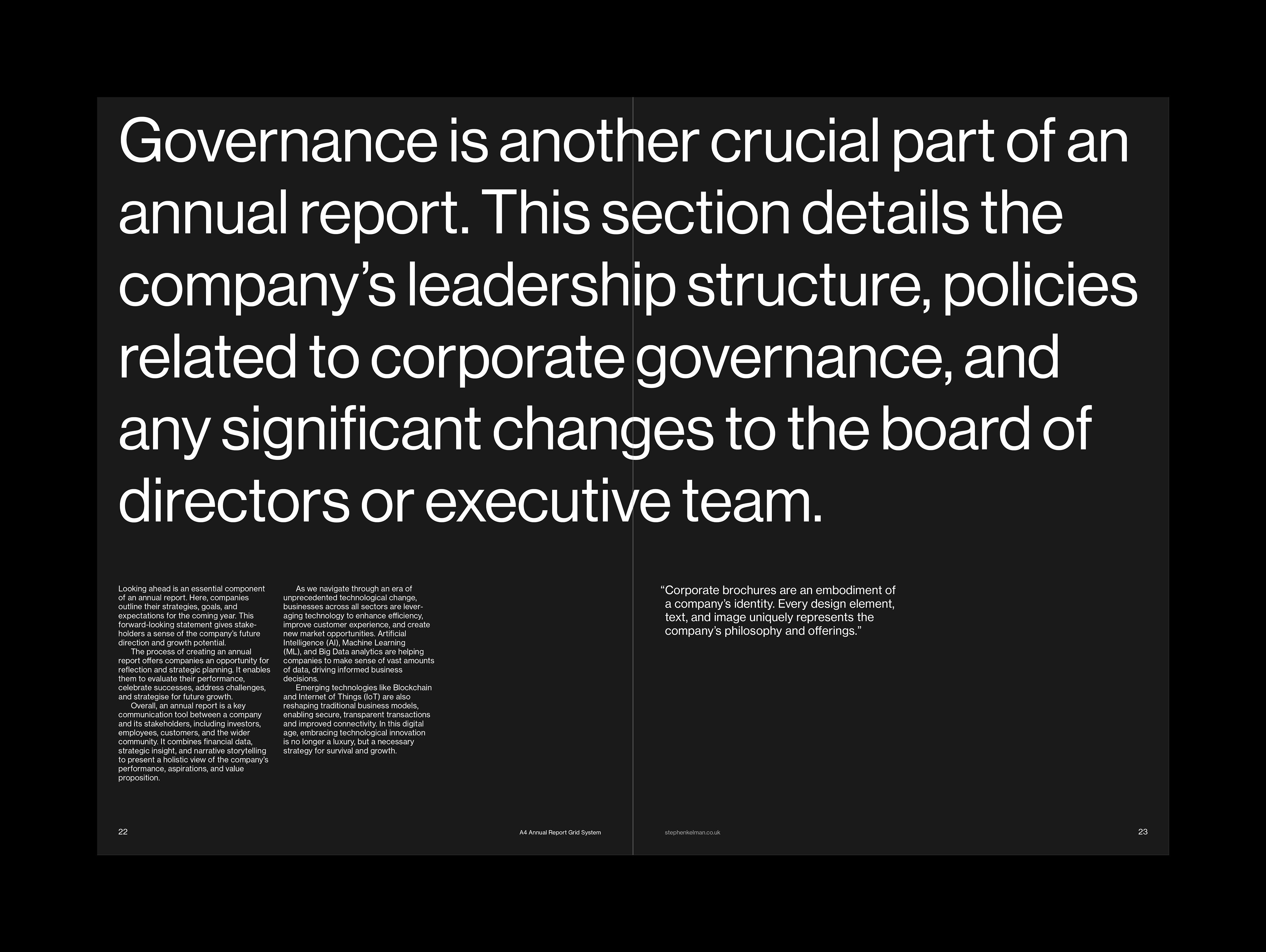 A4 Annual Report Grid System for InDesign | Internal spread design with large quote