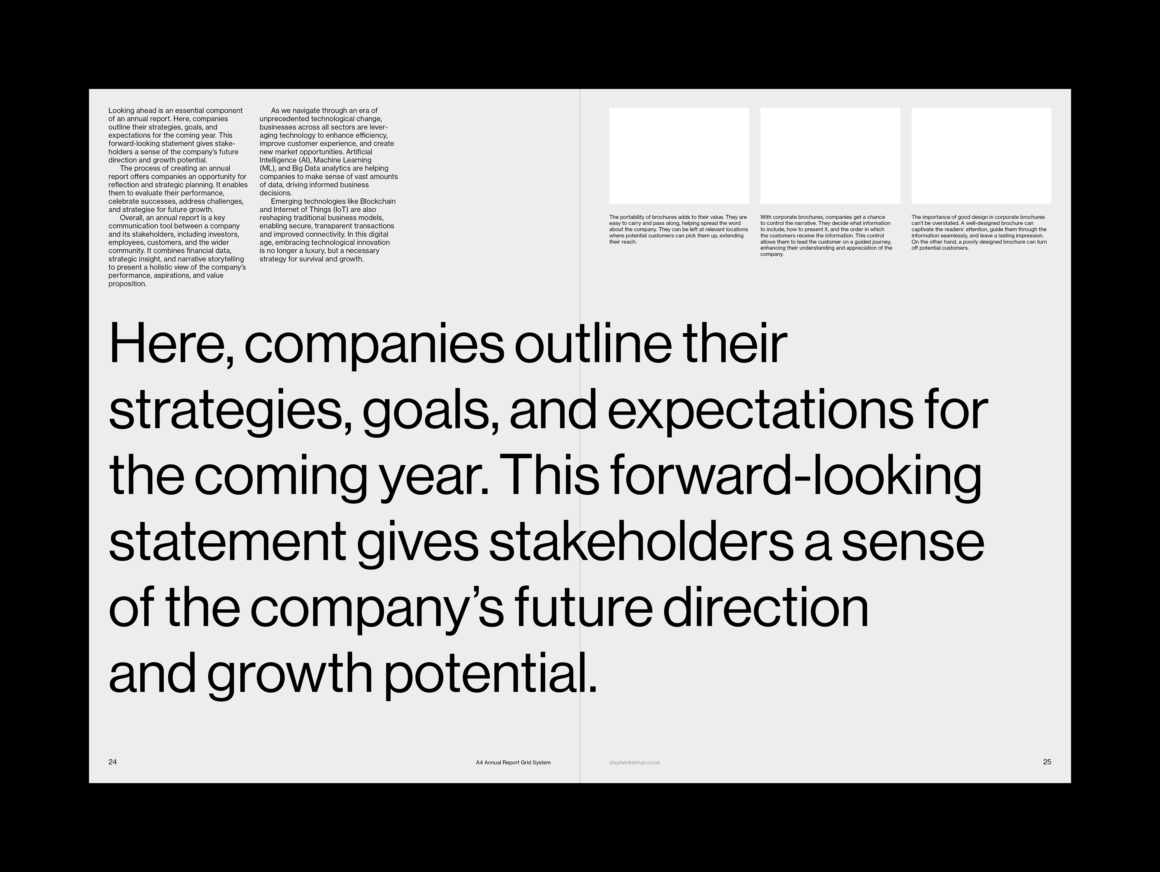 A4 Annual Report Grid System for InDesign | Internal spread design with large quote