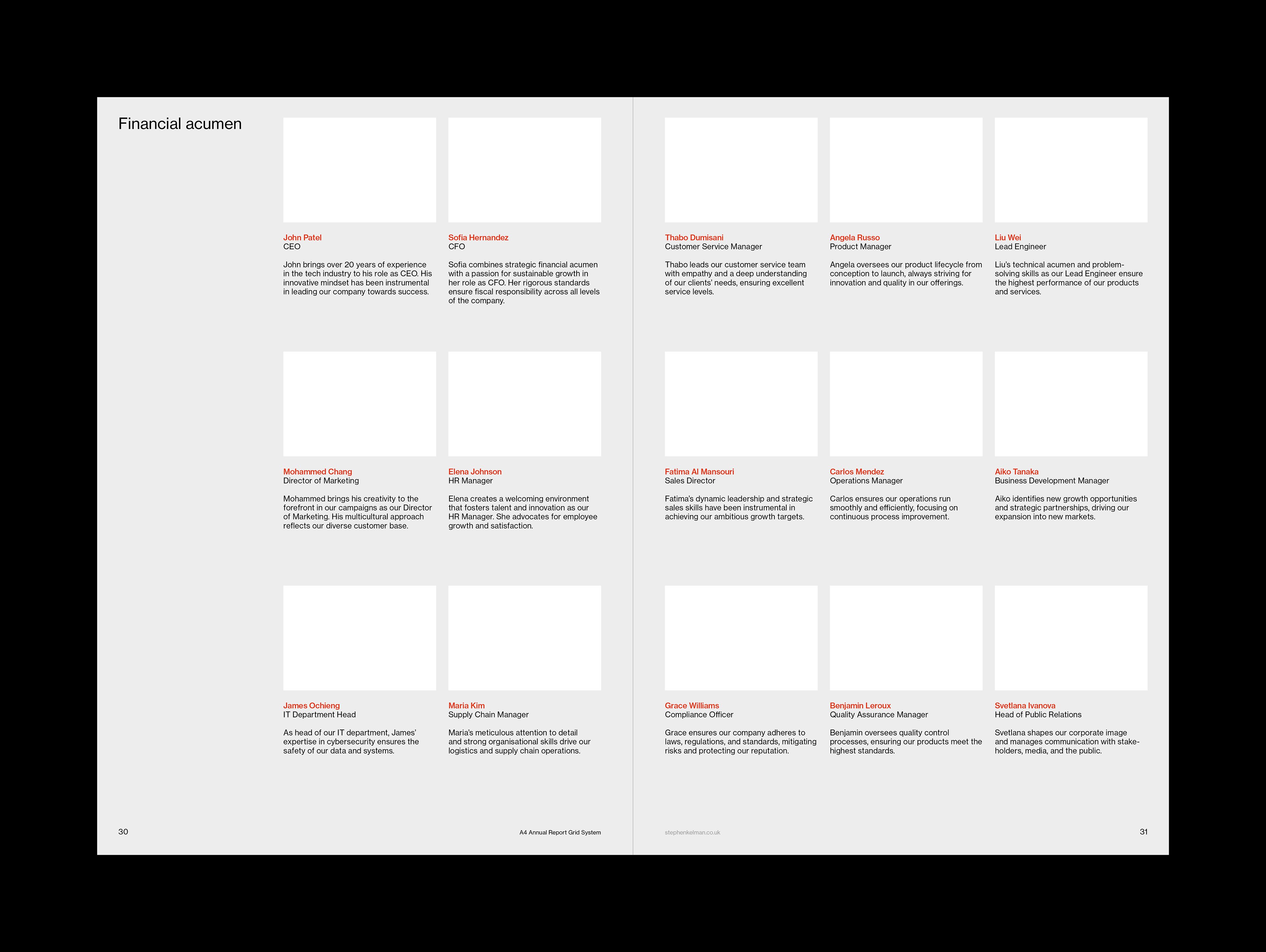 A4 Annual Report Grid System for InDesign | Internal spread design for team member pages