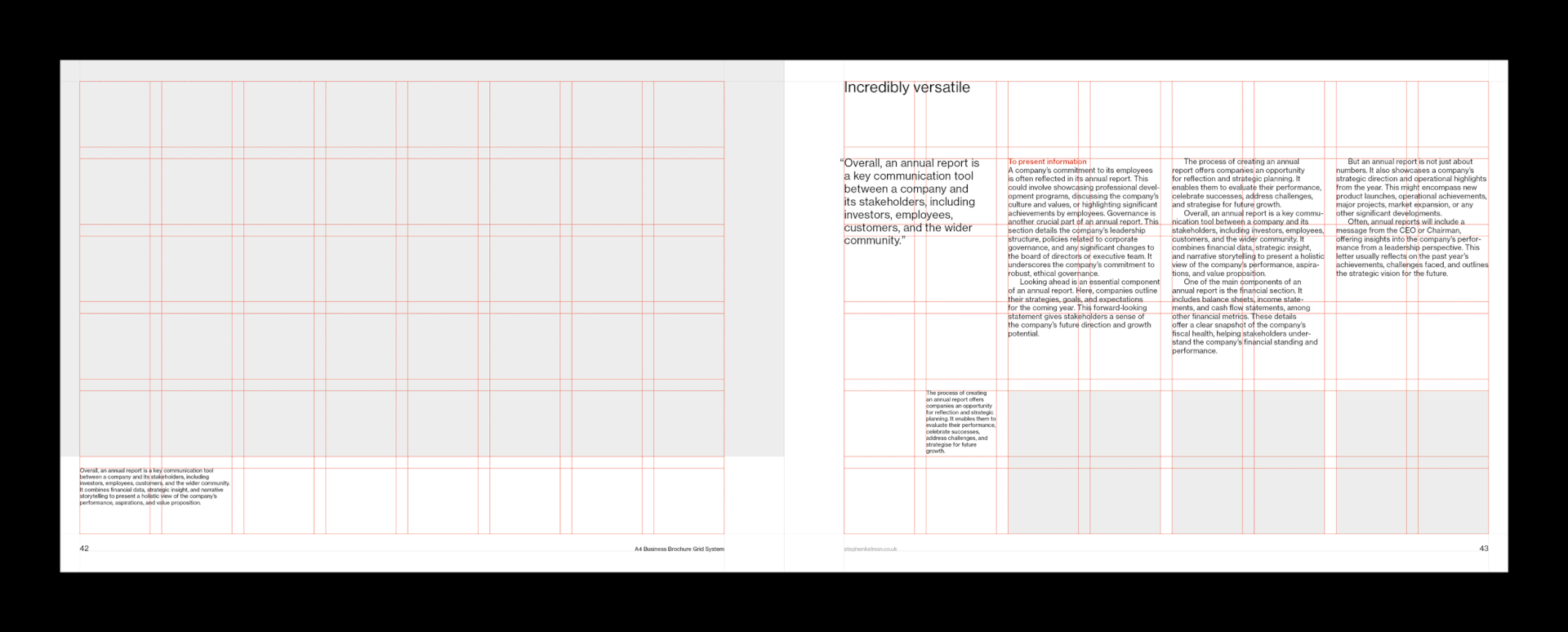 animated gif showing grid system and Swiss style typography layout examples for an A4 landscape InDesign template