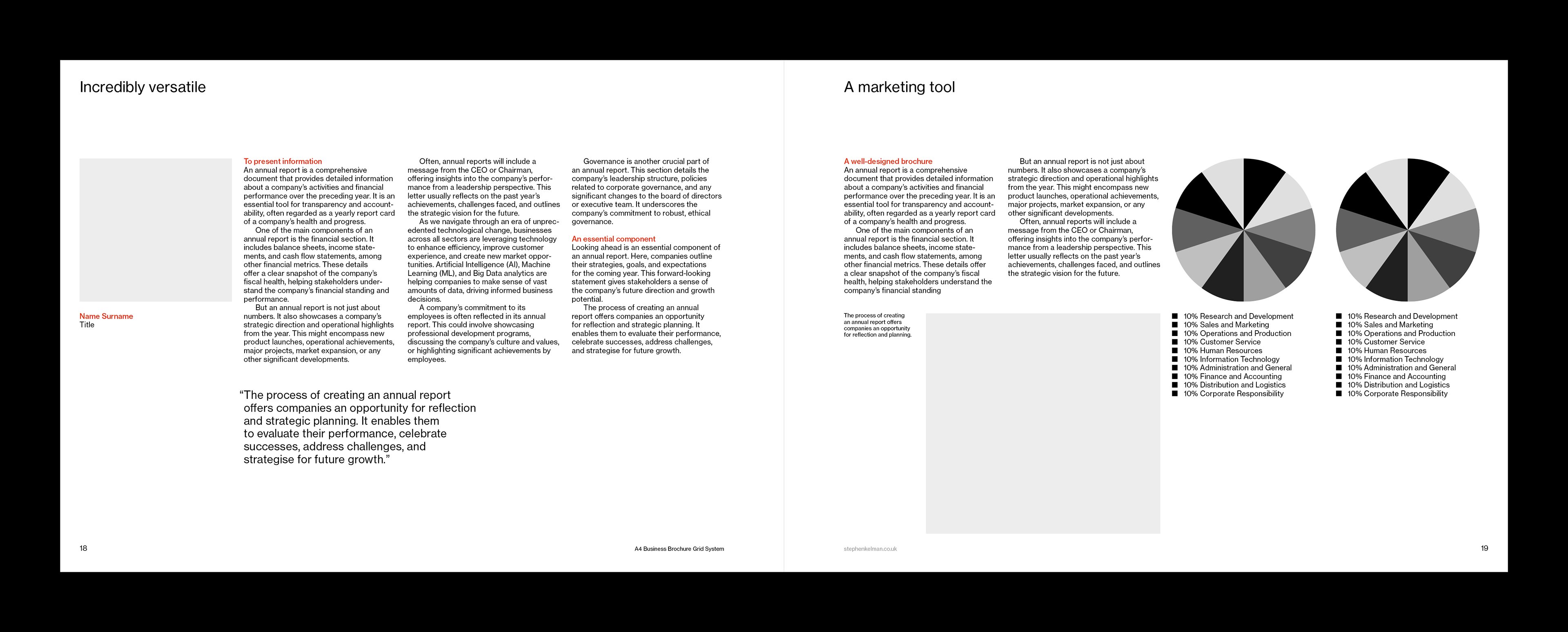 Spread design for A4 landscape InDesign grid system template. The layout shows a pie charts as well as a mix of text and images