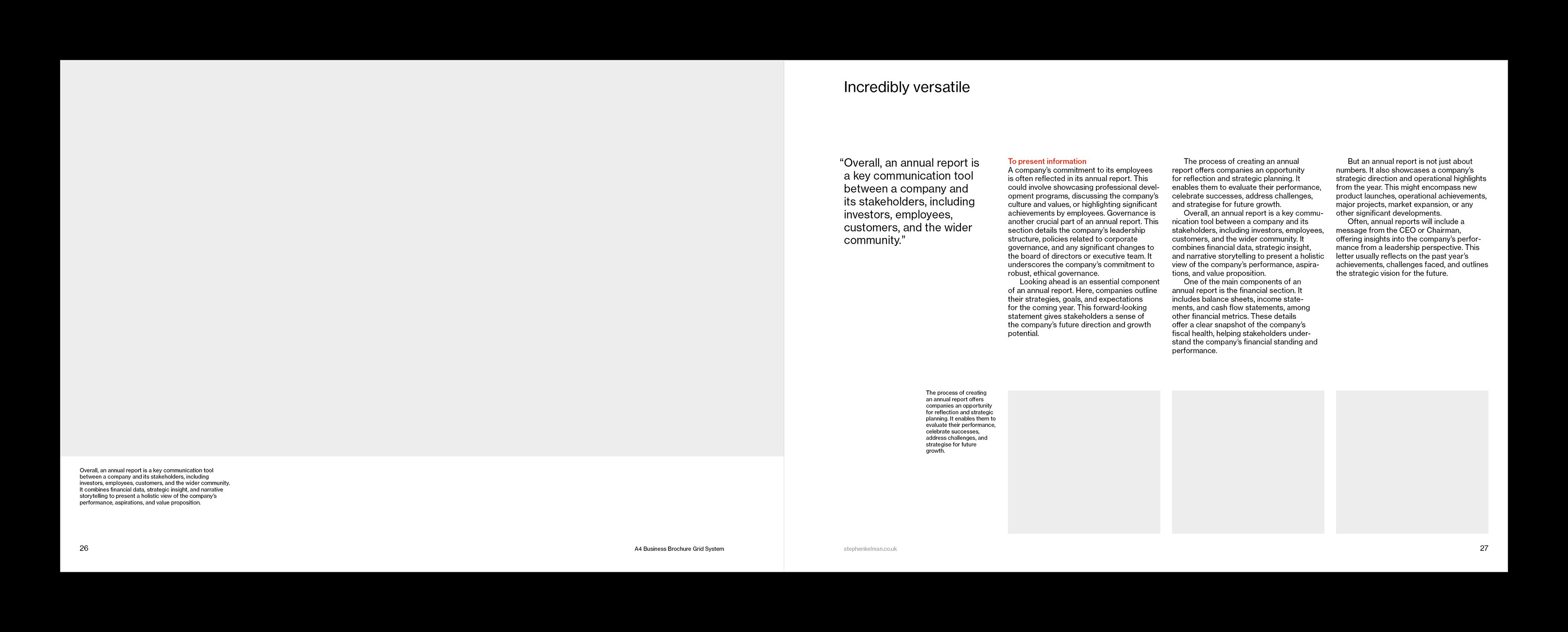 Swiss style minimal layout for an A4 landscape corporate brochure template. Spread includes images and text at different sizes