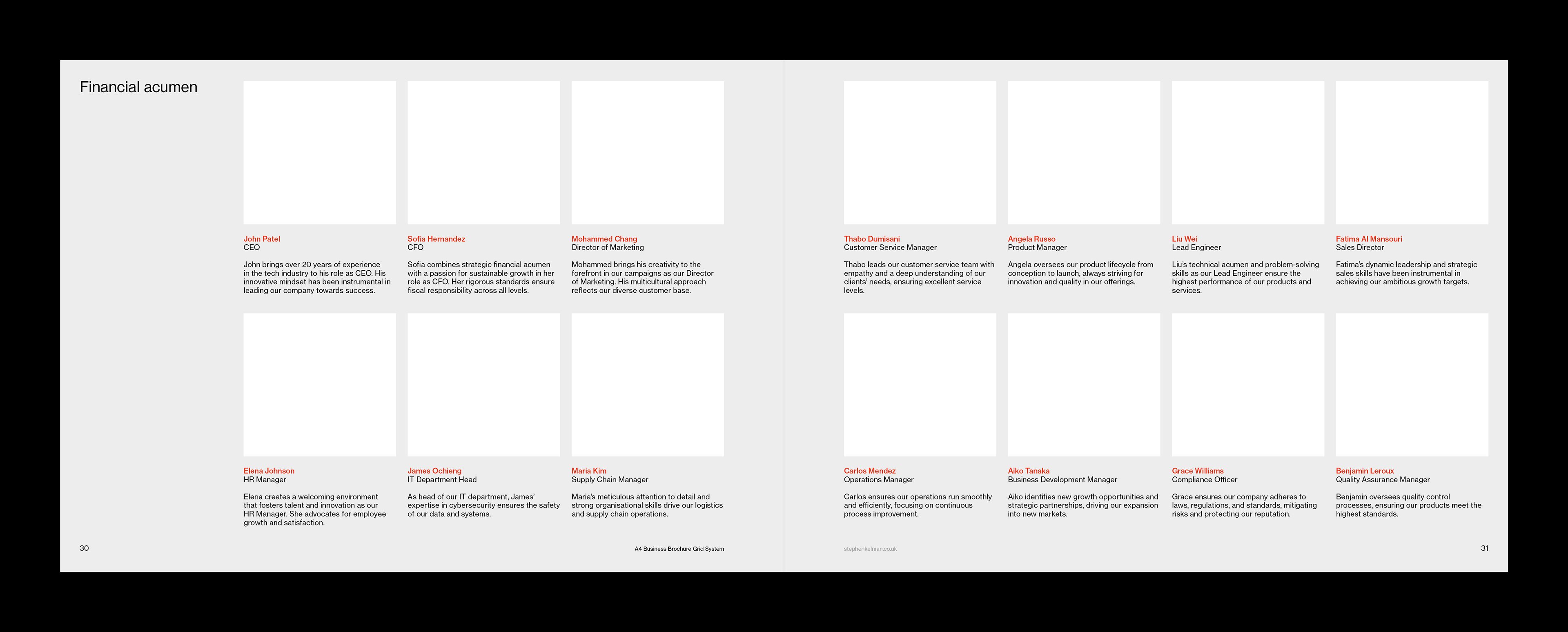 A4 landscape brochure spread design for the personnel page of a corporate report