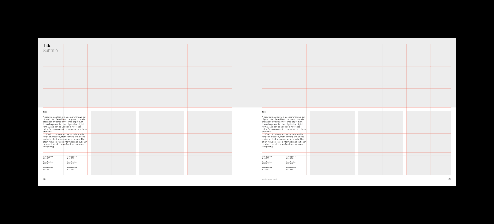 Animation showing grid system and example designs for an A4 landscape catalogue template for Adobe InDesign