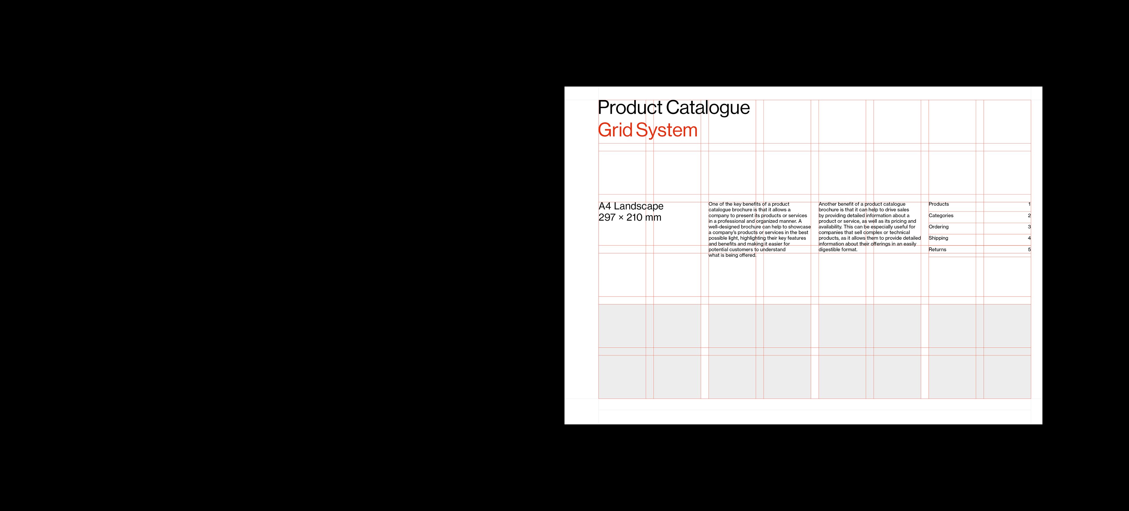 Example cover design for an A4 landscape product catalogue template for Adobe InDesign. The layout features four smaller sized images, a large title, a subtitle, introductory copy and contents