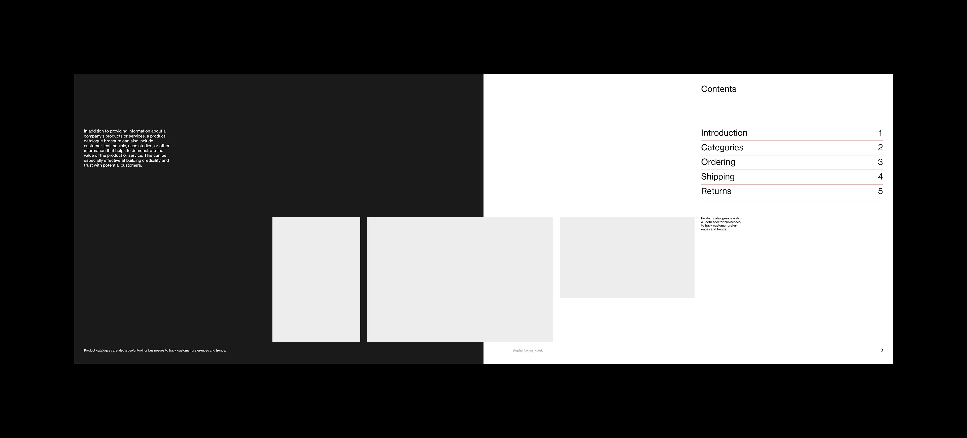 Inside front cover design for an A4 landscape catalogue template for Adobe InDesign. The inside left-hand page is dark with white text while the right-hand page has dark text on a white background. Included on the right-hand page is a main title, some contents, images and a caption