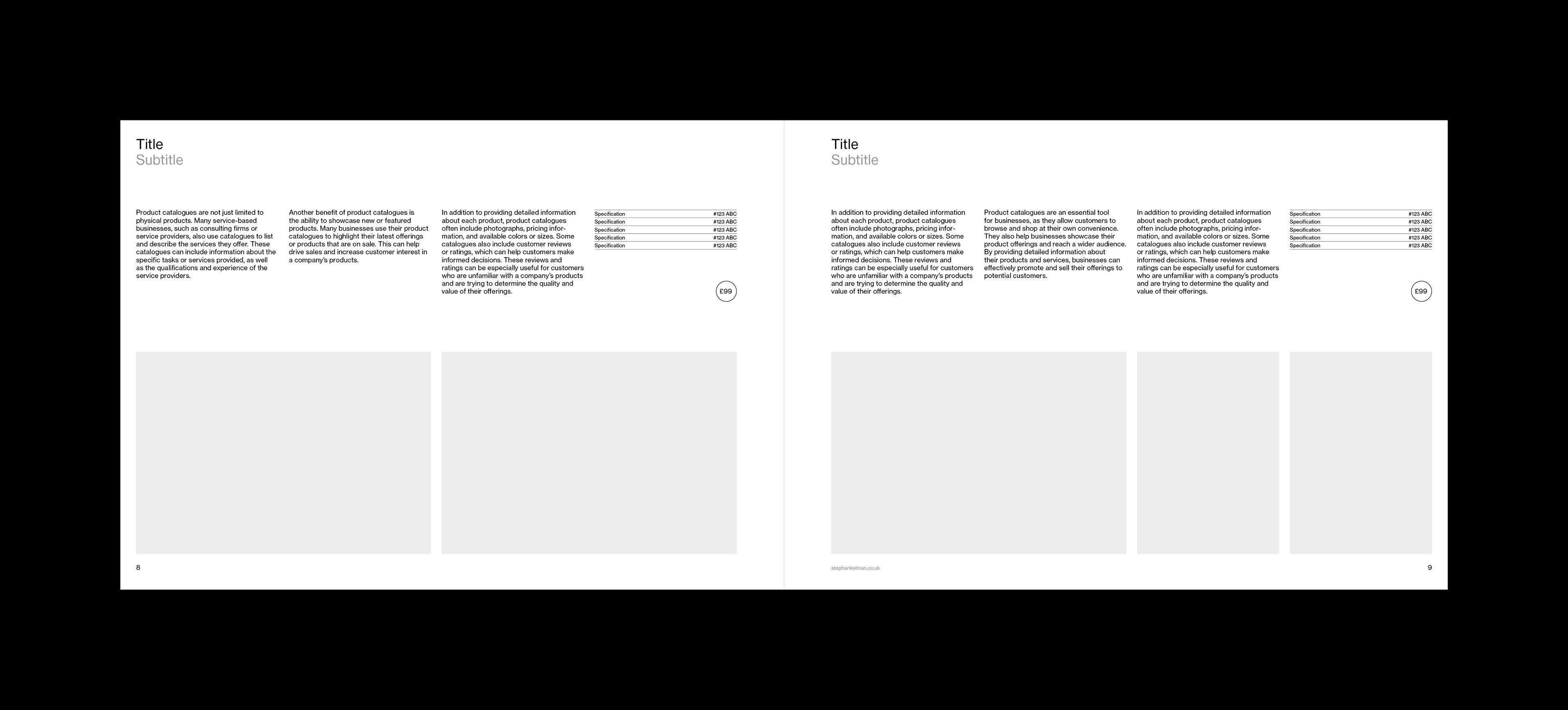 Layout design for an interior spread in an A4 landscape grid system template for Adobe InDesign. Spread features two products with images and three paragraphs of copy for each
