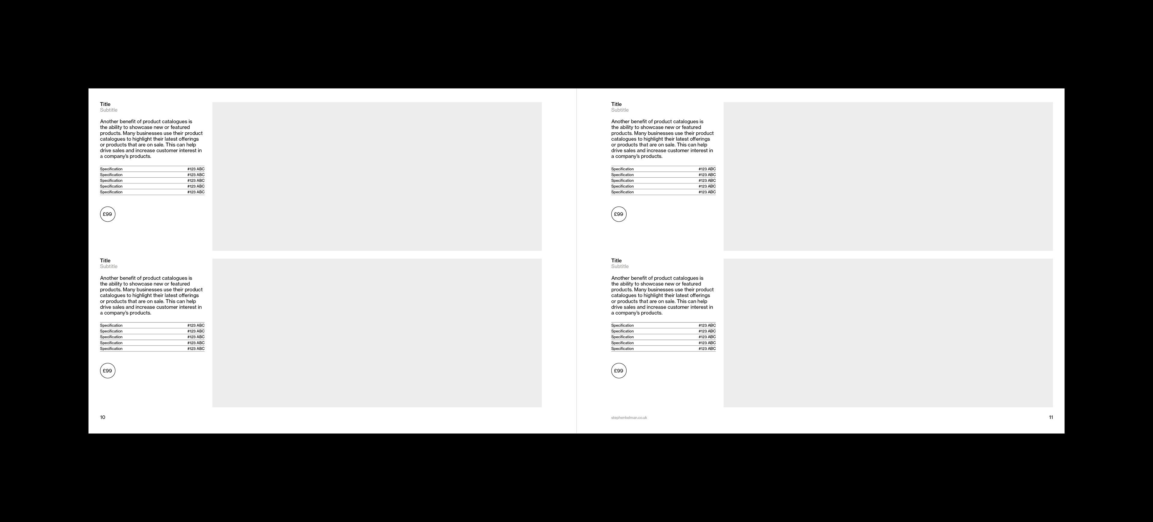 Sample layout design for an A4 landscape grid system template for Adobe InDesign. Spread features four products with horizontal format images and specification copy for each