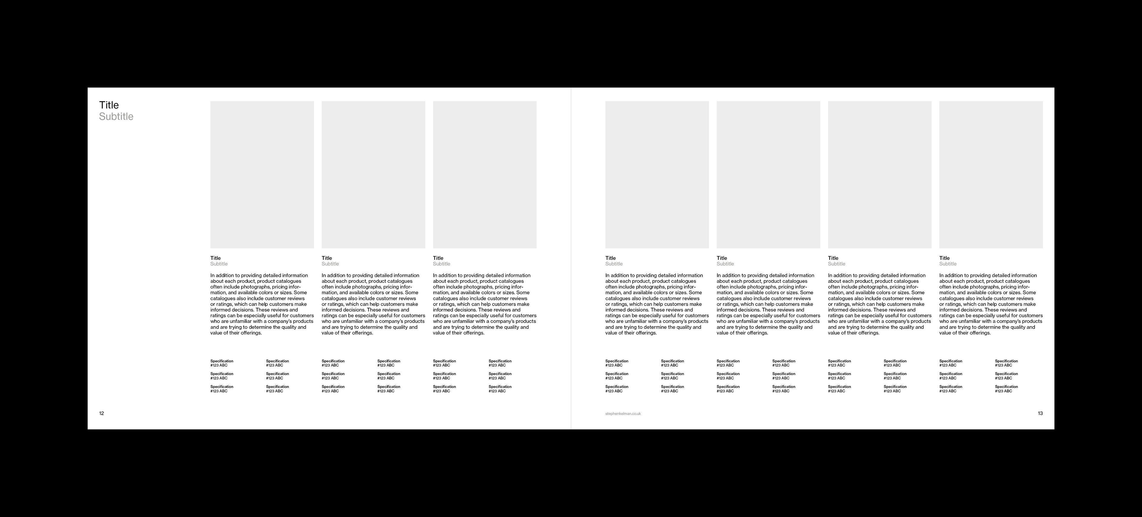 Spread design for an A4 landscape product catalogue template for Adobe InDesign. Spread features seven products with body-copy and specification copy for each – along with one vertical-format image for each