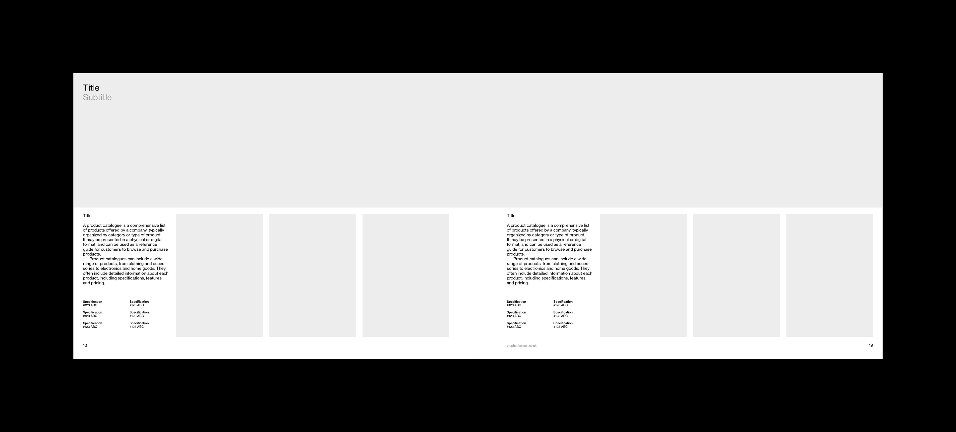 Interior spread for an A4 landscape grid system for InDesign. The grid system had been designed for product catalogues in landscape format. The spread features a large area for image at the top with product details below