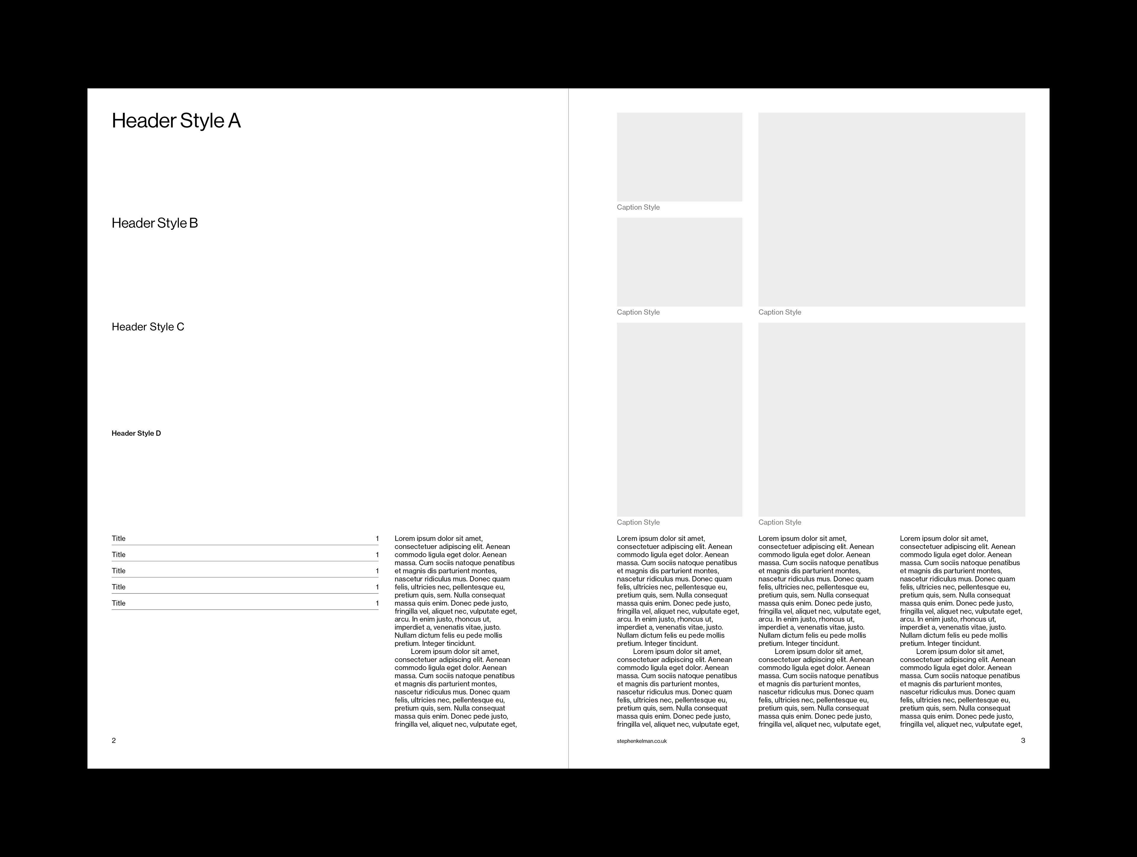 Second sample spread pairing the heading hierarchy with caption blocks and grey image areas