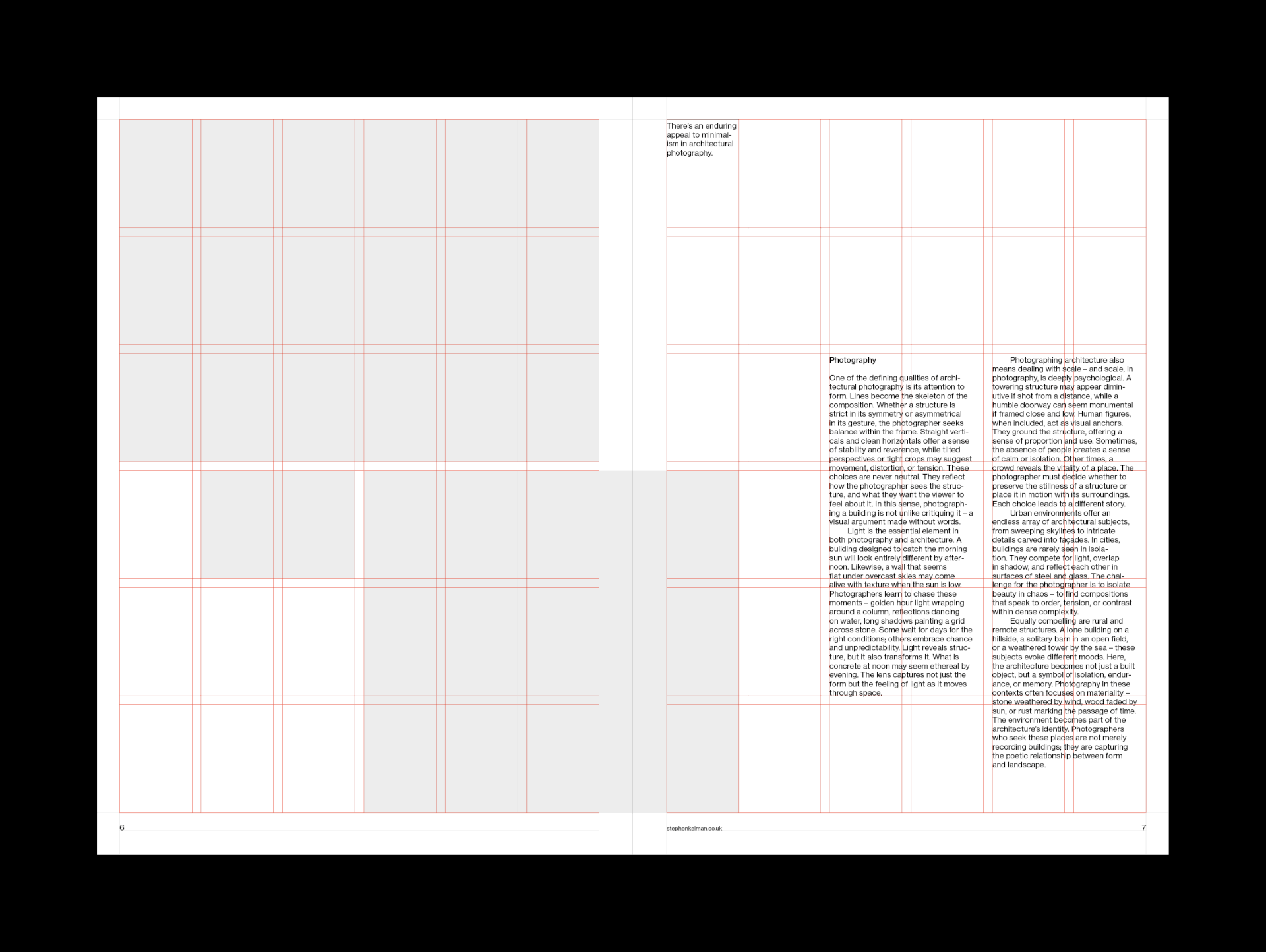 A4 Portrait Architecture Grid System for InDesign – spread with red caption grid overlay and photography essay text