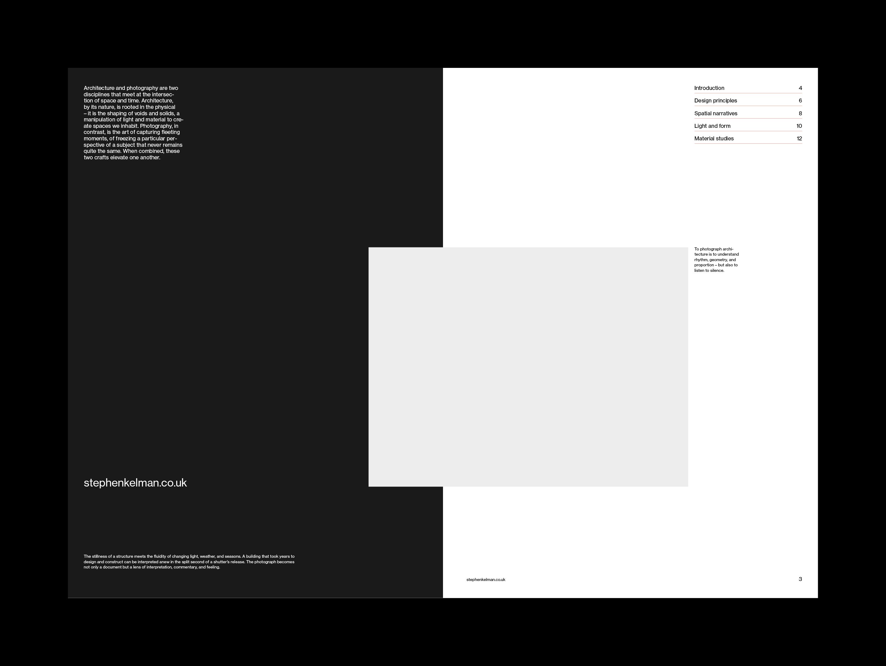 Contents spread split black and white, chapter list at right and a grey image panel across the gutter