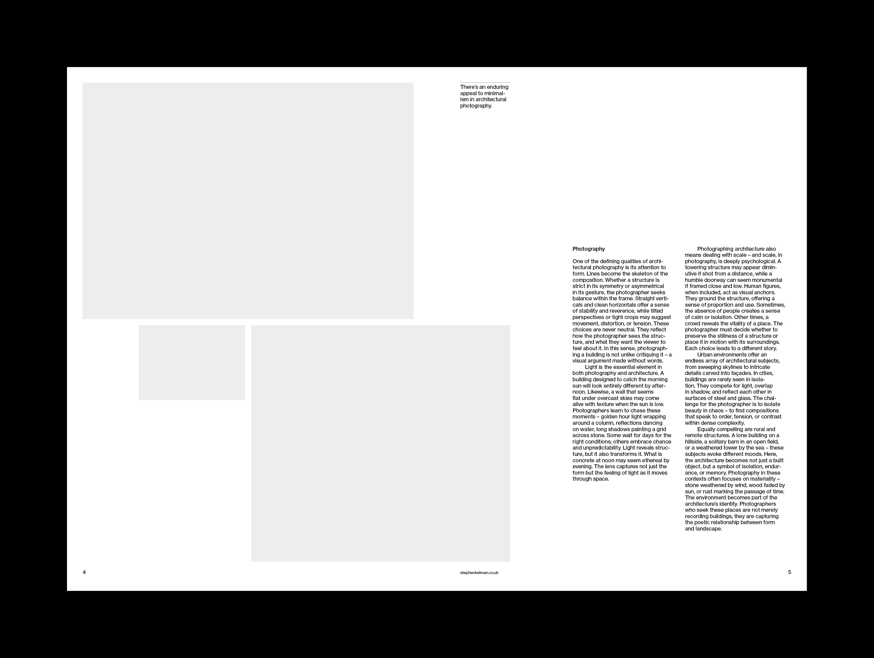 Light spread of stacked image placeholders facing two columns of photography text