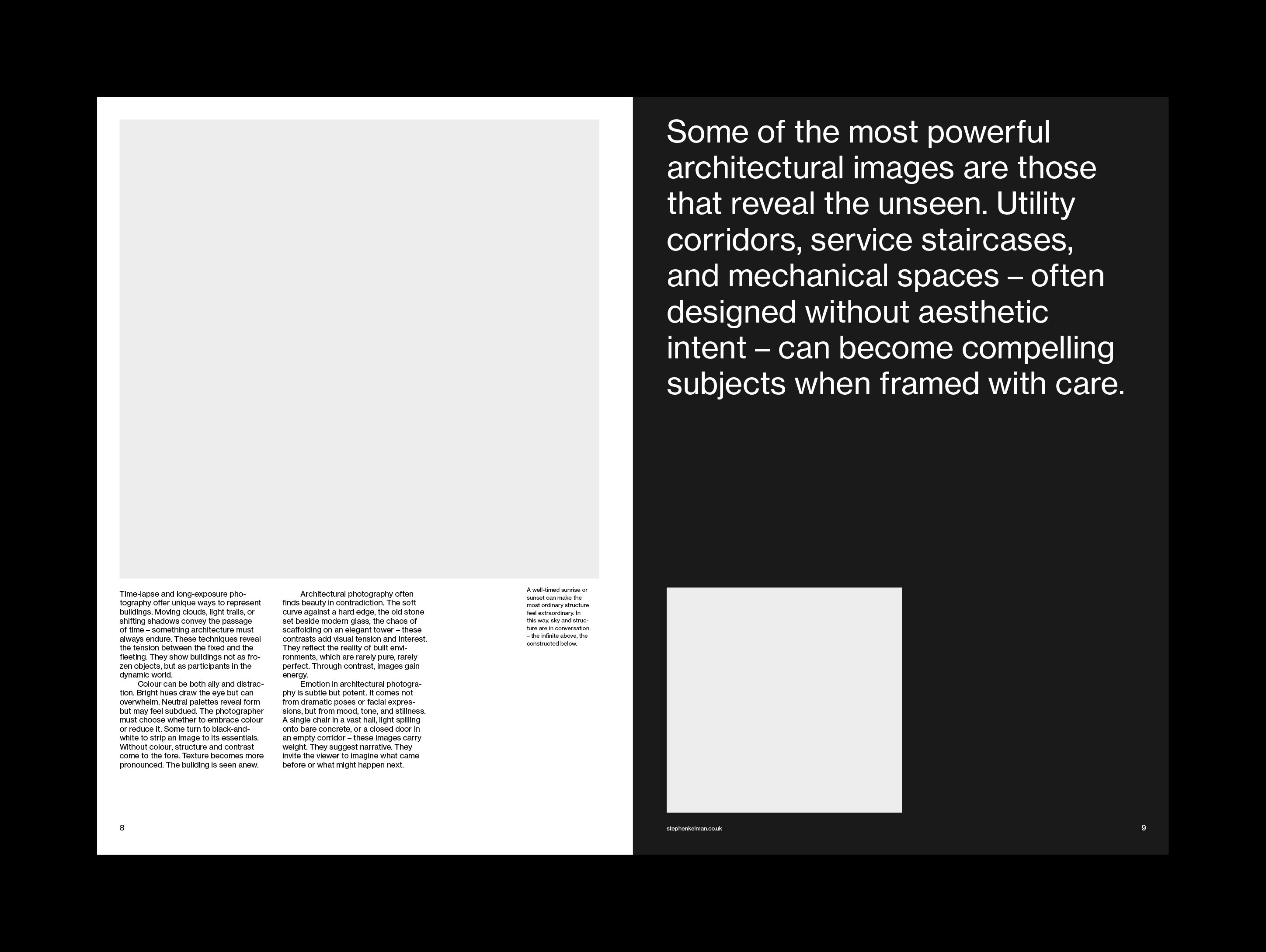 Spread pairing a full-page image with a bold statement on unseen architectural spaces