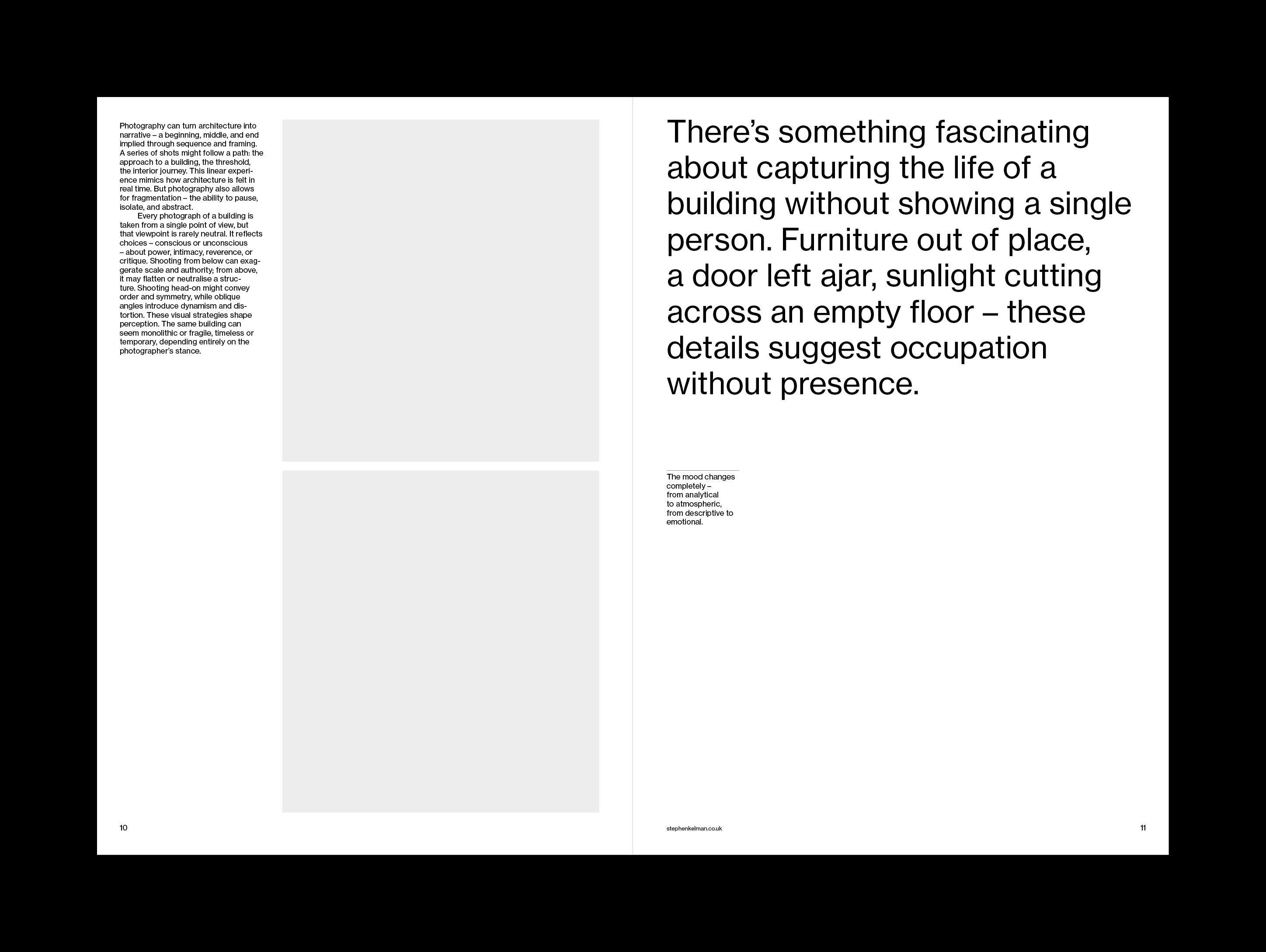 Two stacked images beside a large statement on capturing occupation without presence