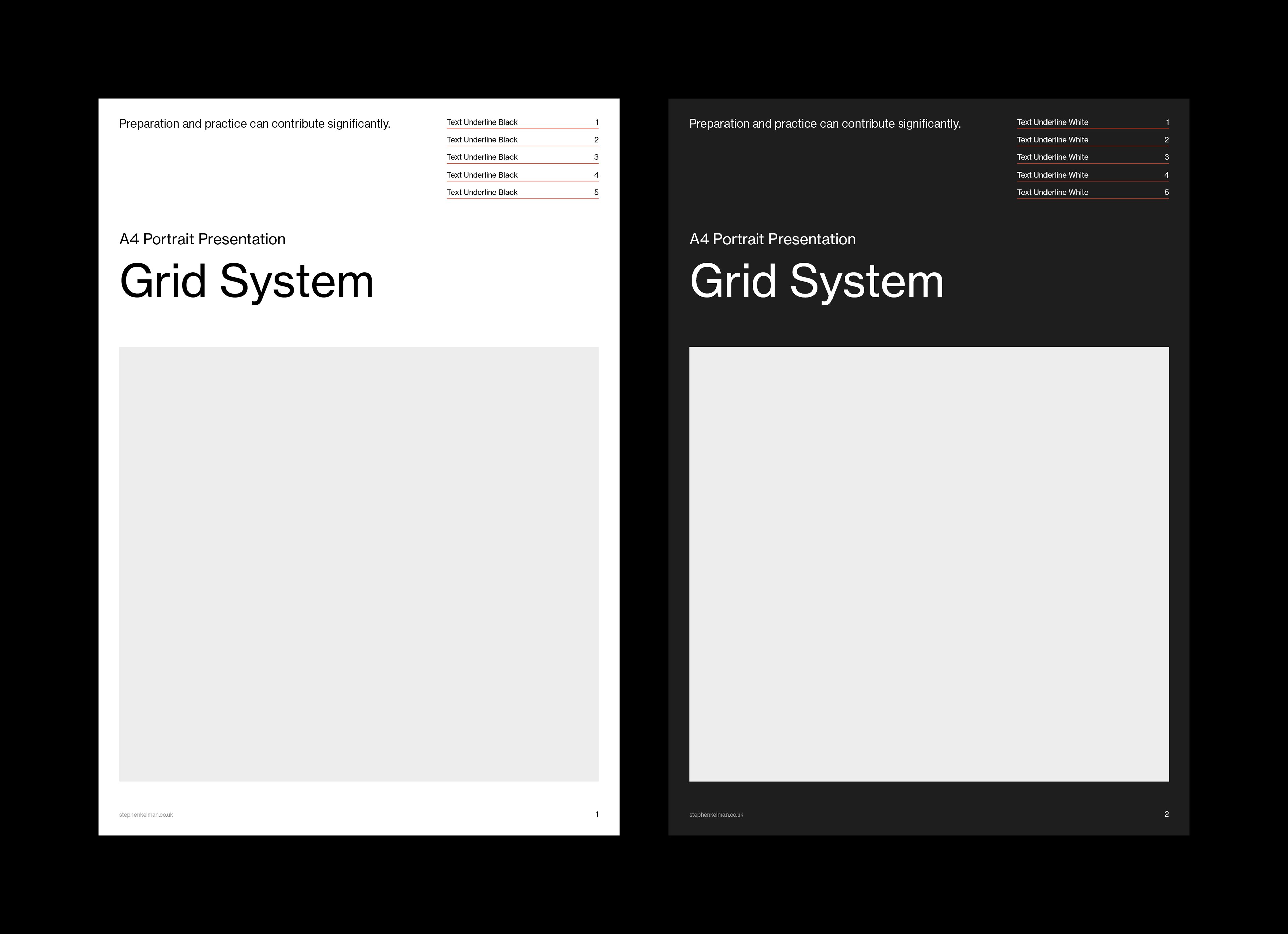 Title page shown in light and dark versions with sidebar list and large image area
