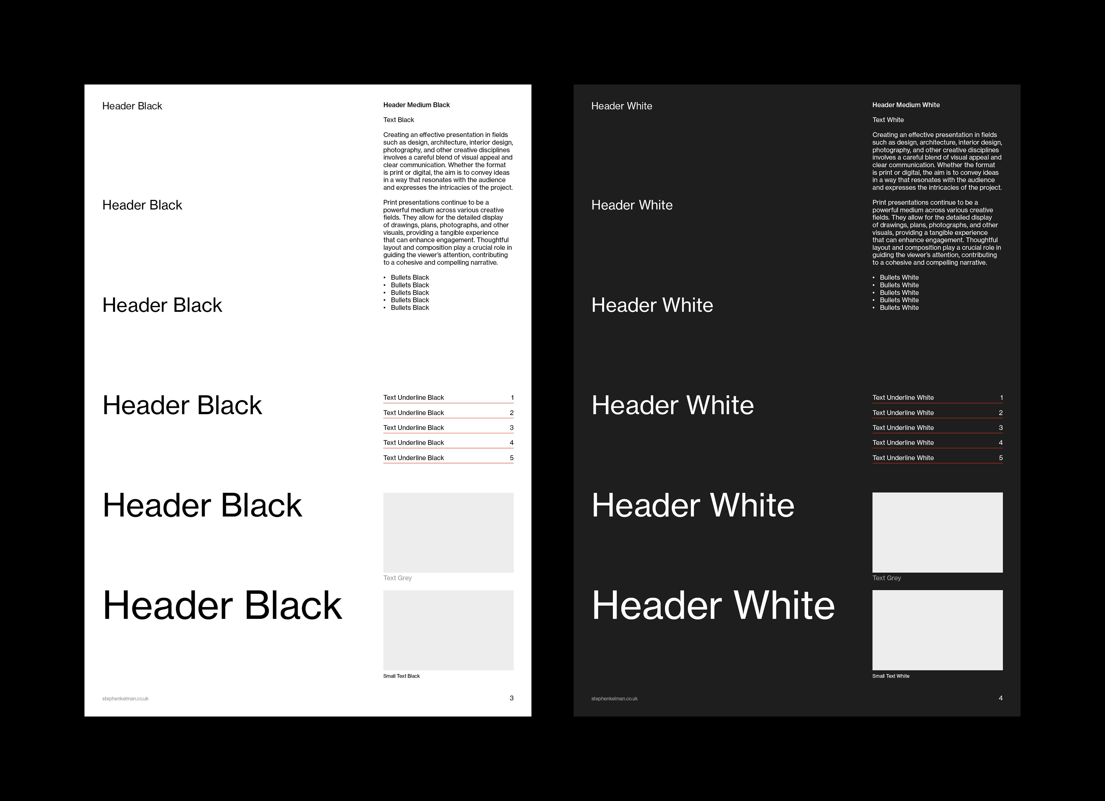 Header style ladder from small to display size on facing white and black pages