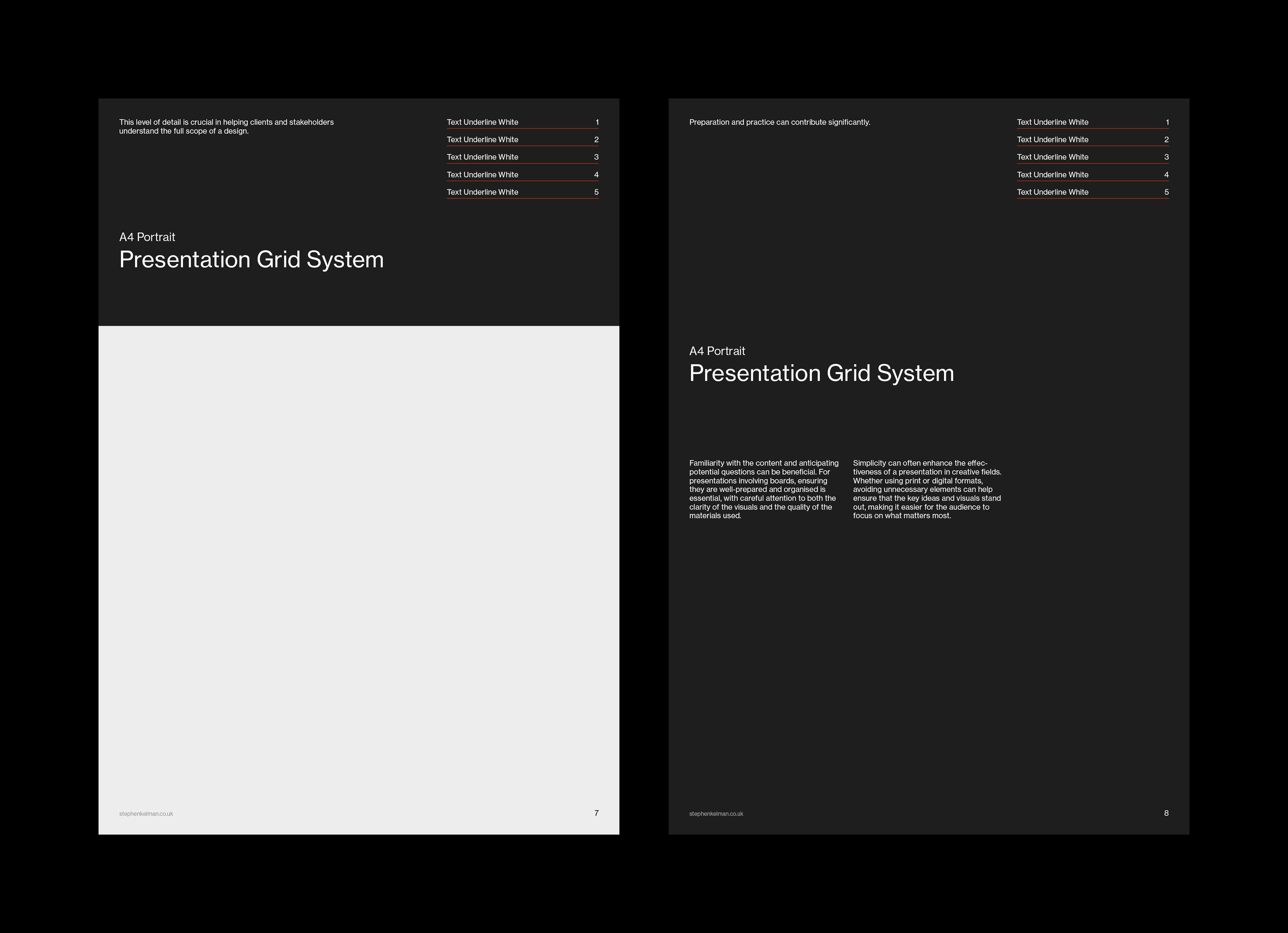 Dark layout pair, full-page image panel on one page and running text columns on the other