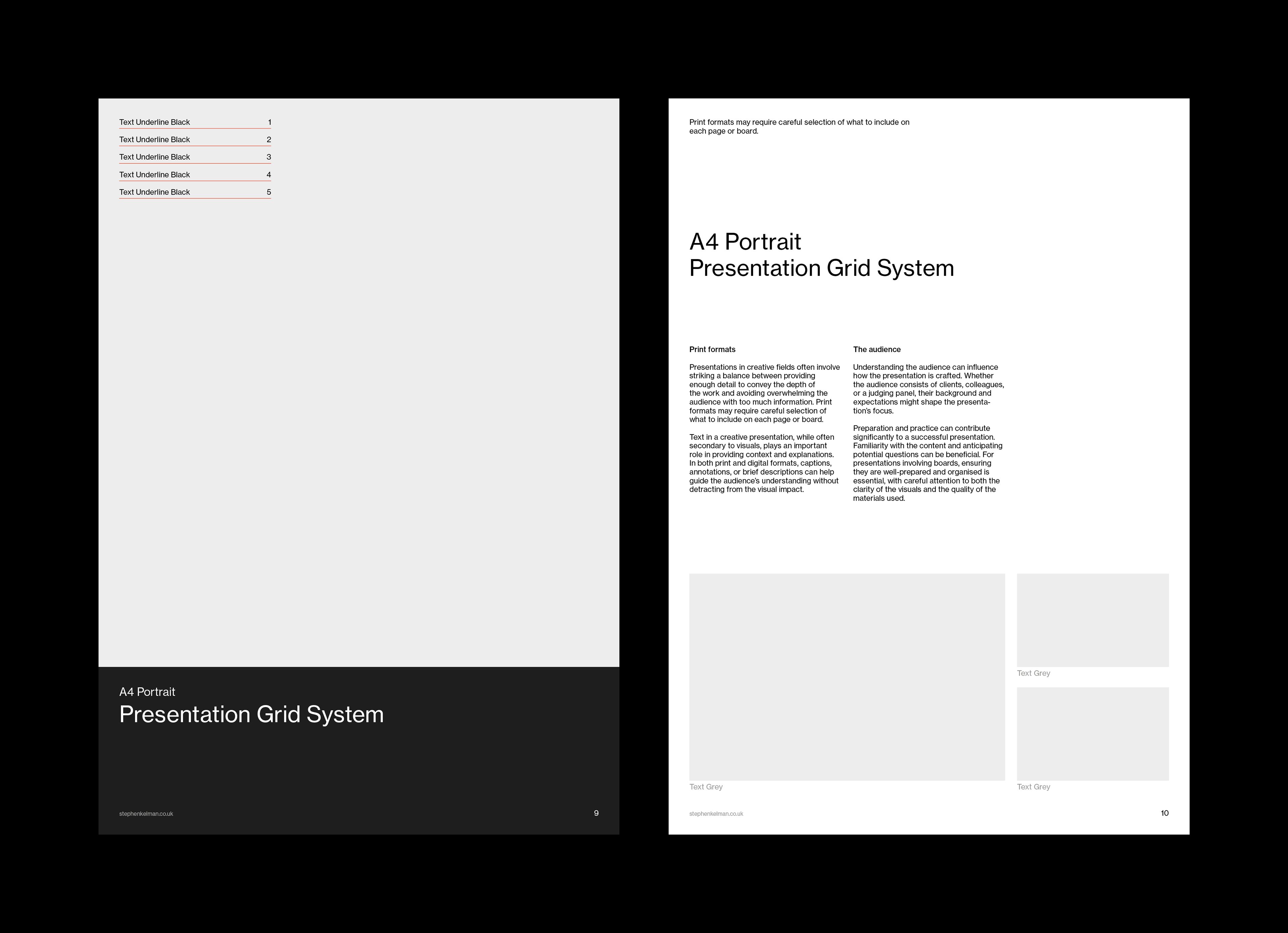 Title page over a black band facing a text page with captioned image placeholders below