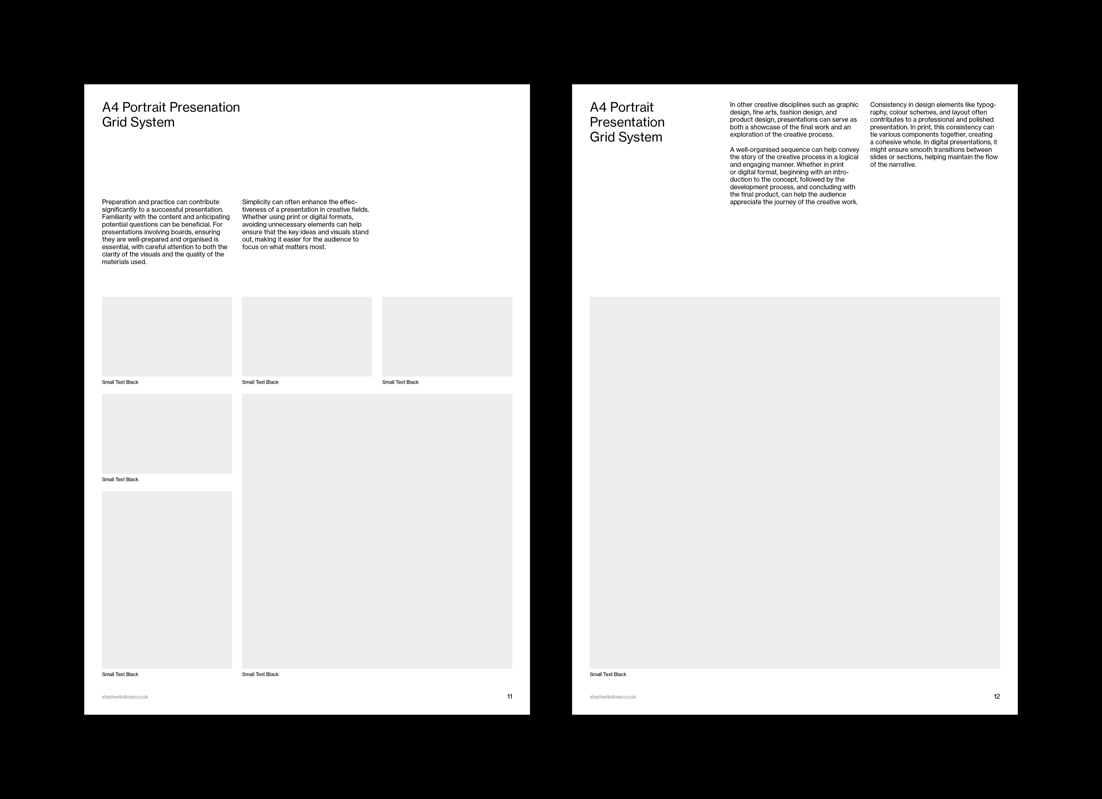 Sample pages arranging captioned image blocks of varying sizes on the modular grid