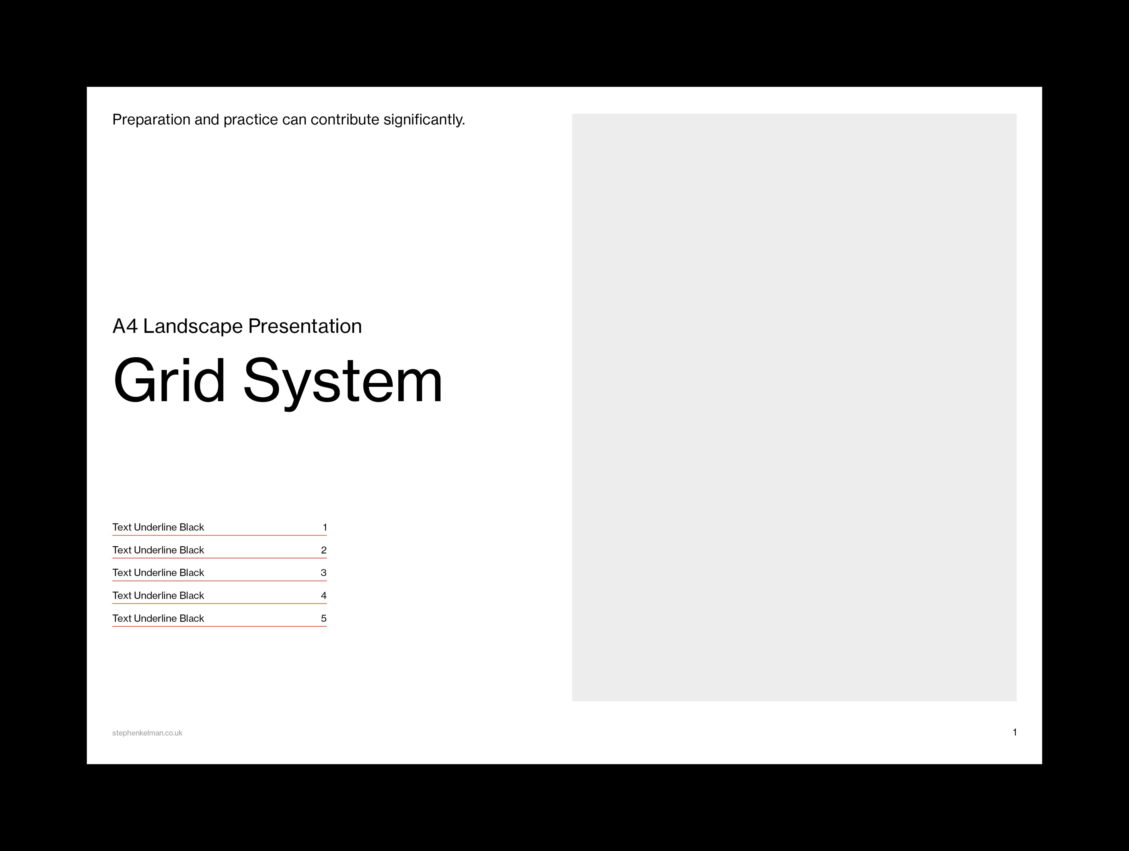 Title layout with numbered contents list and full-height image placeholder on the right, grids hidden