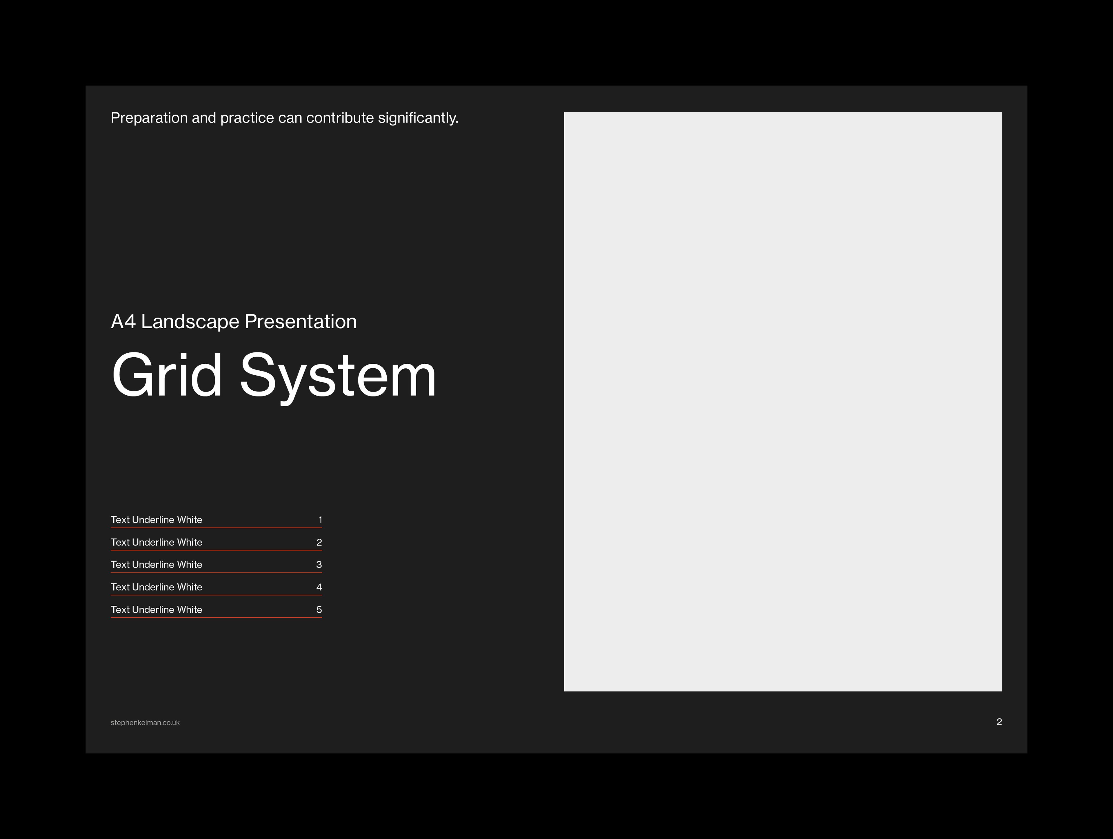 Dark version of the title layout, white type on black with a pale image placeholder filling the right half