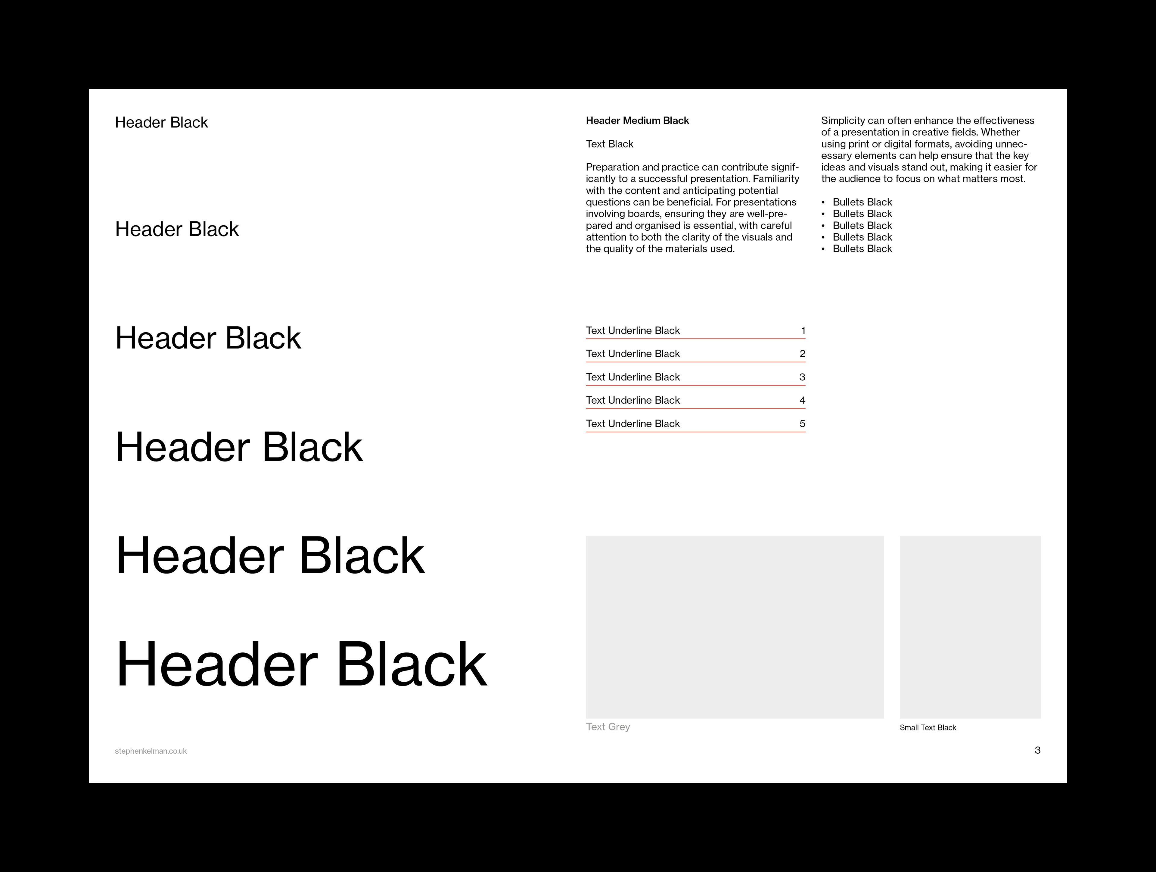 Type hierarchy ladder showing six Header Black sizes alongside body copy, list and bullet styles
