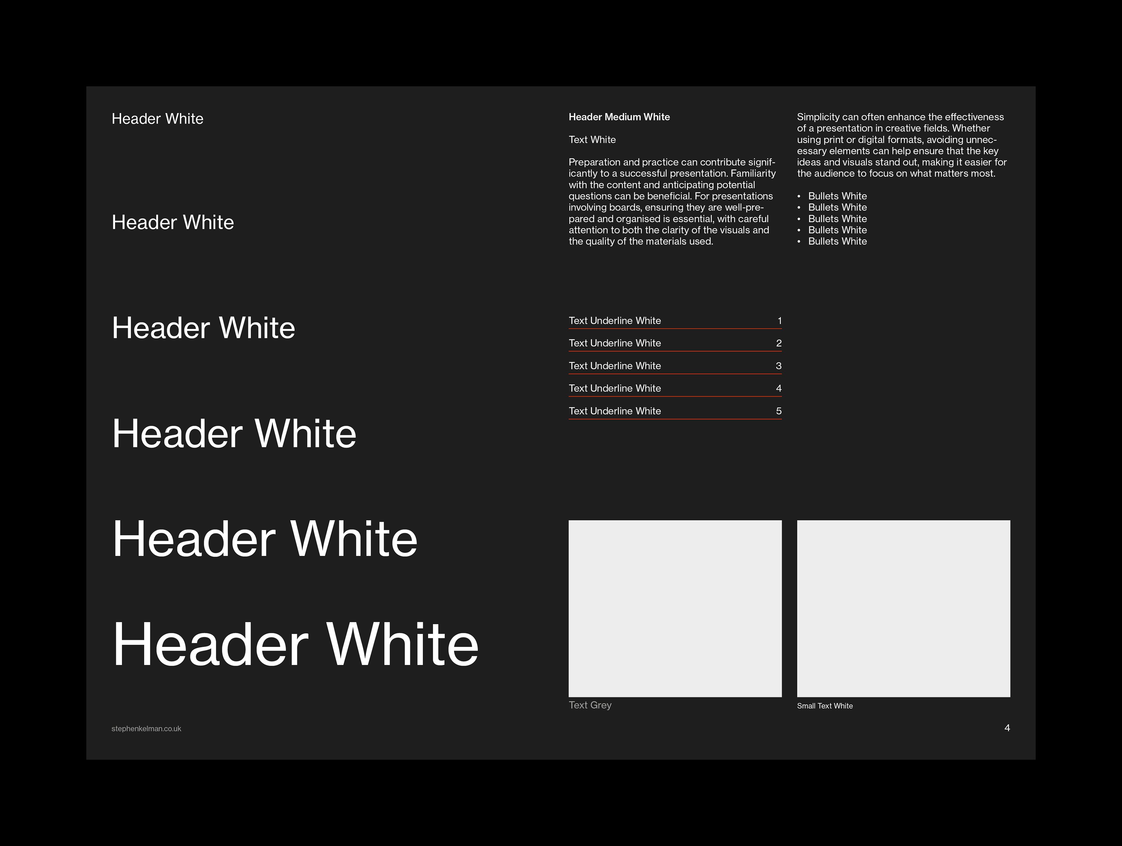 The same type hierarchy specimen reversed out, Header White sizes on a black ground
