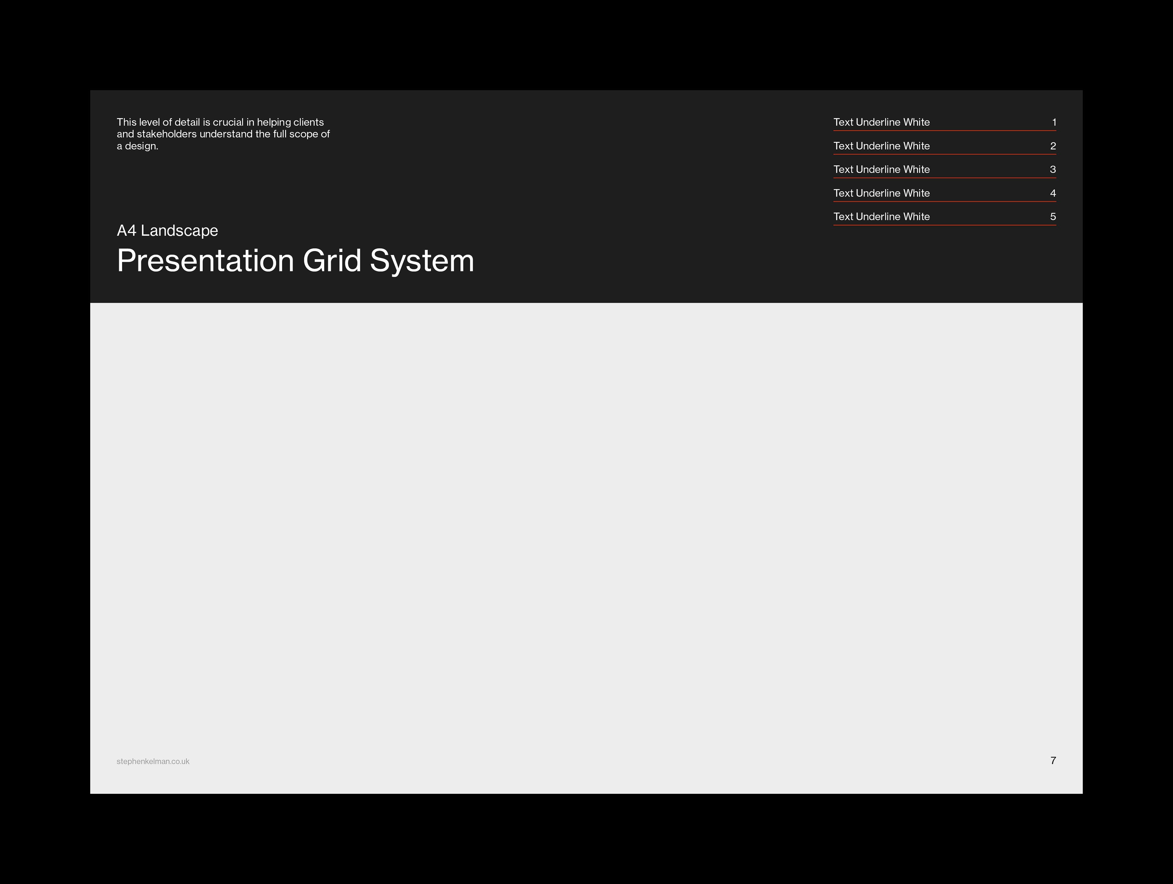 Dark layout with heading band at the top and a full-width image area filling the lower two-thirds