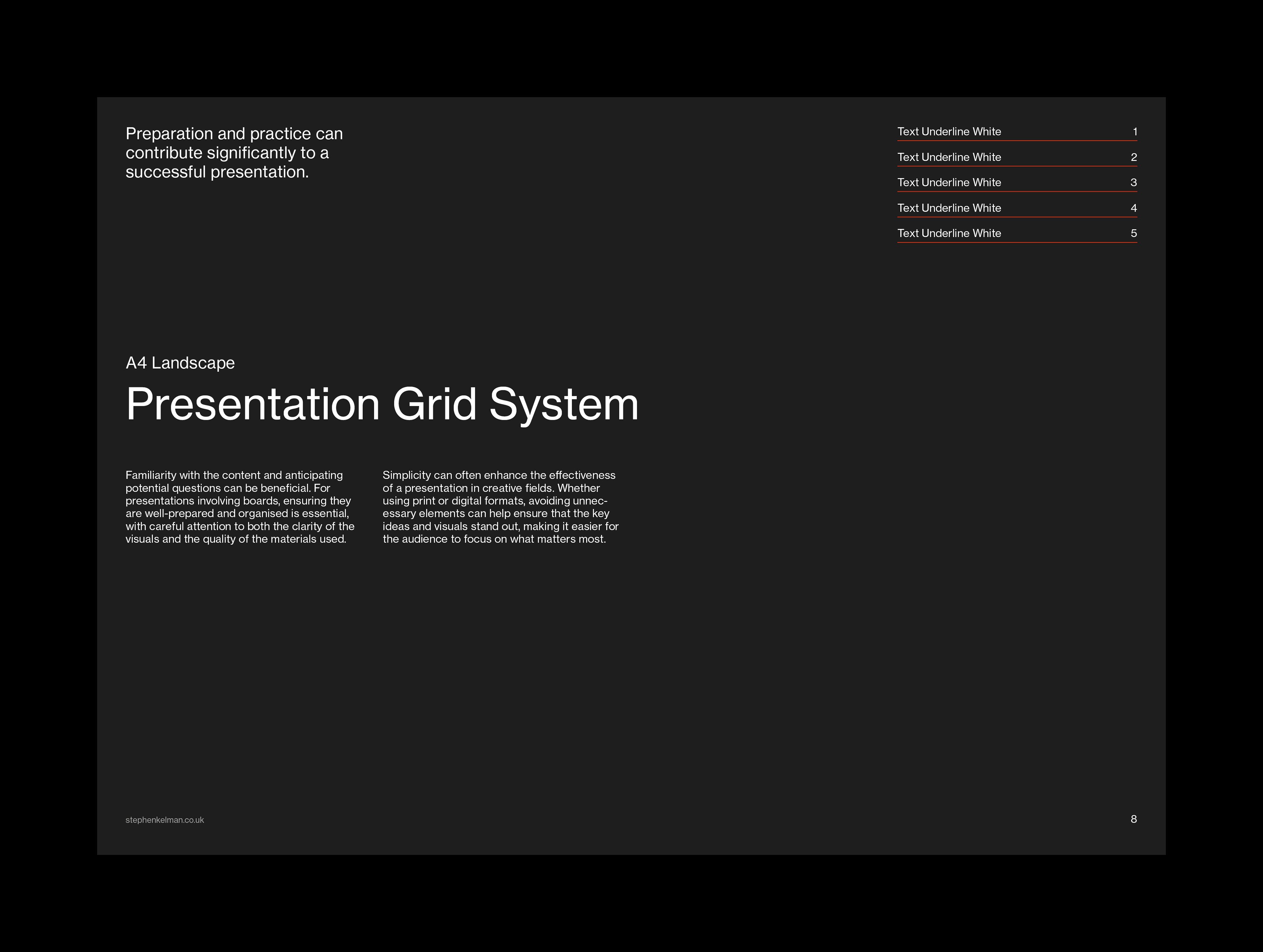 Dark title layout with standfirst, numbered list and twin columns of white body copy