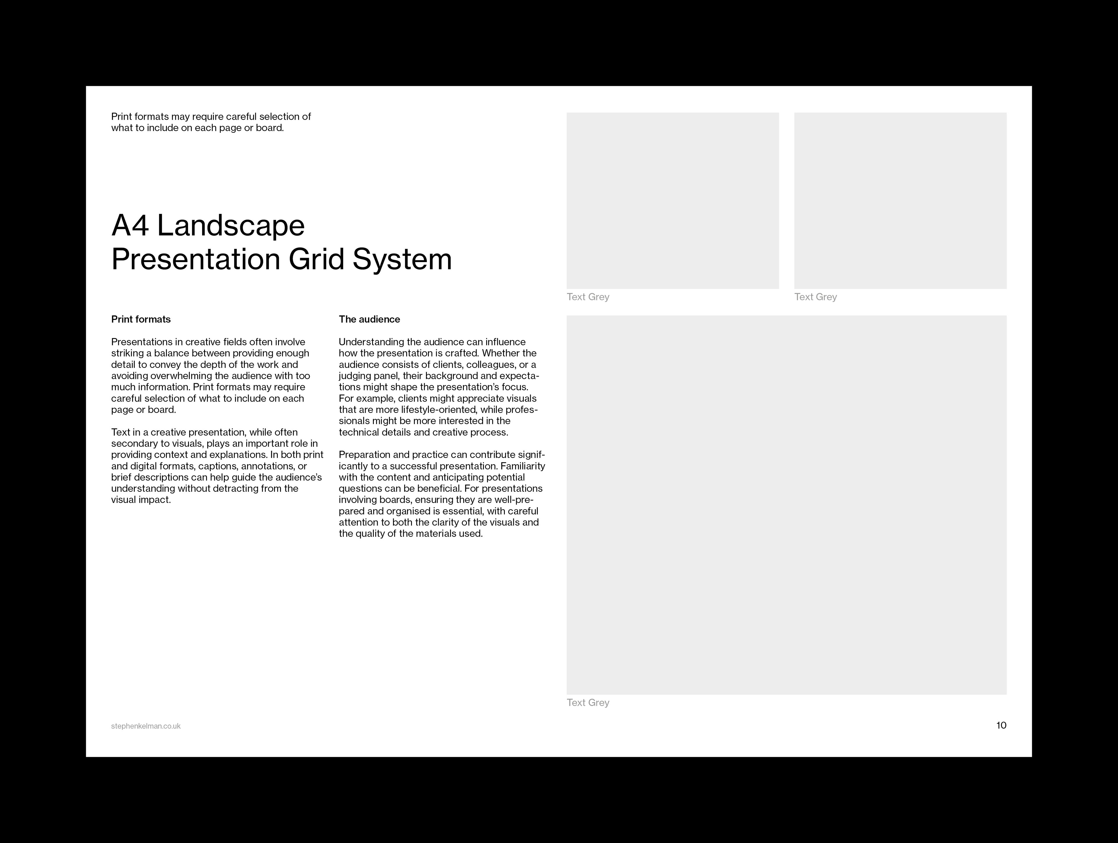 Editorial page combining captioned text columns with three grey image blocks on the caption grid