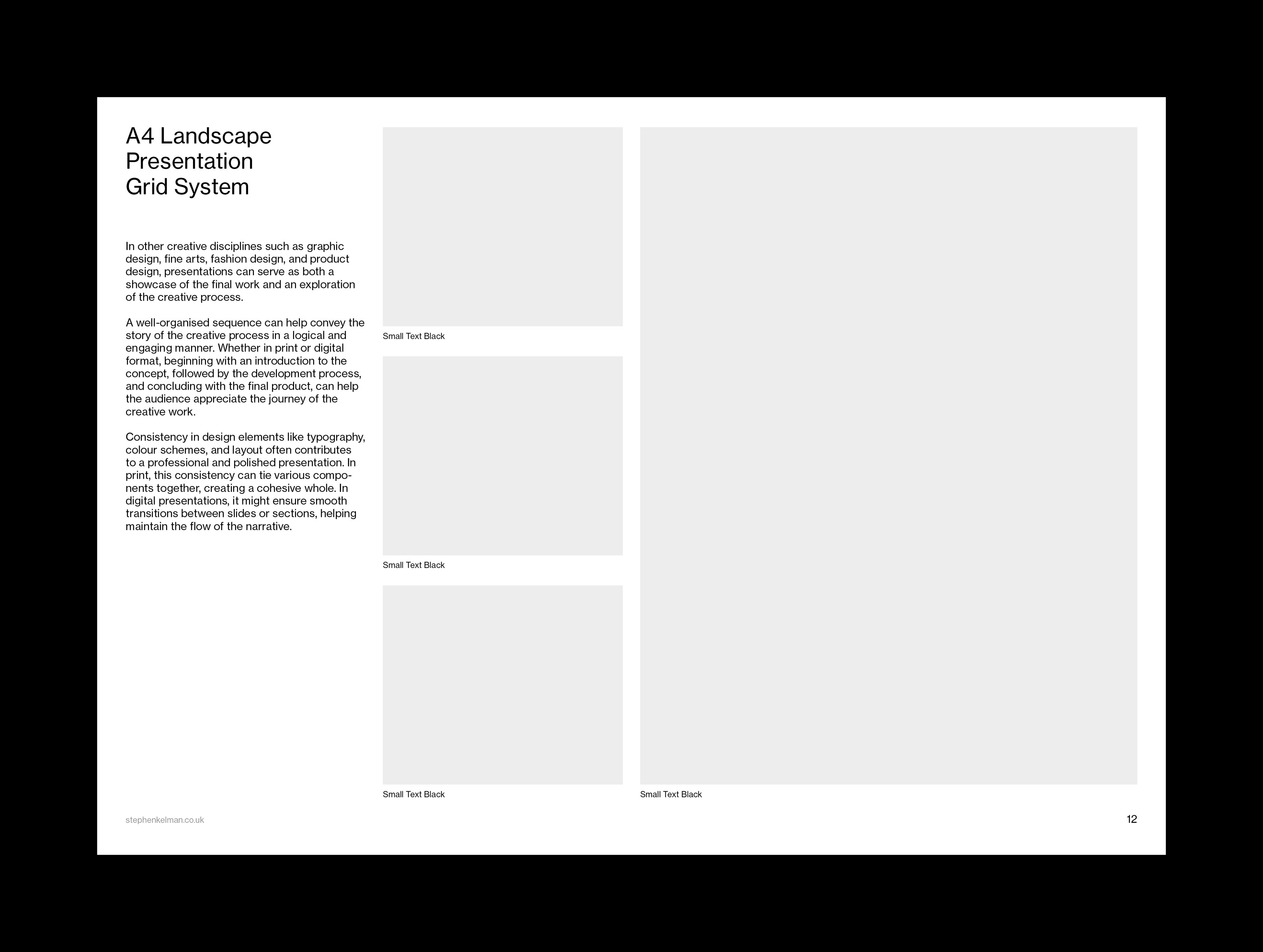 Asymmetric layout with a narrow text column at left and stacked image placeholders of varying depth