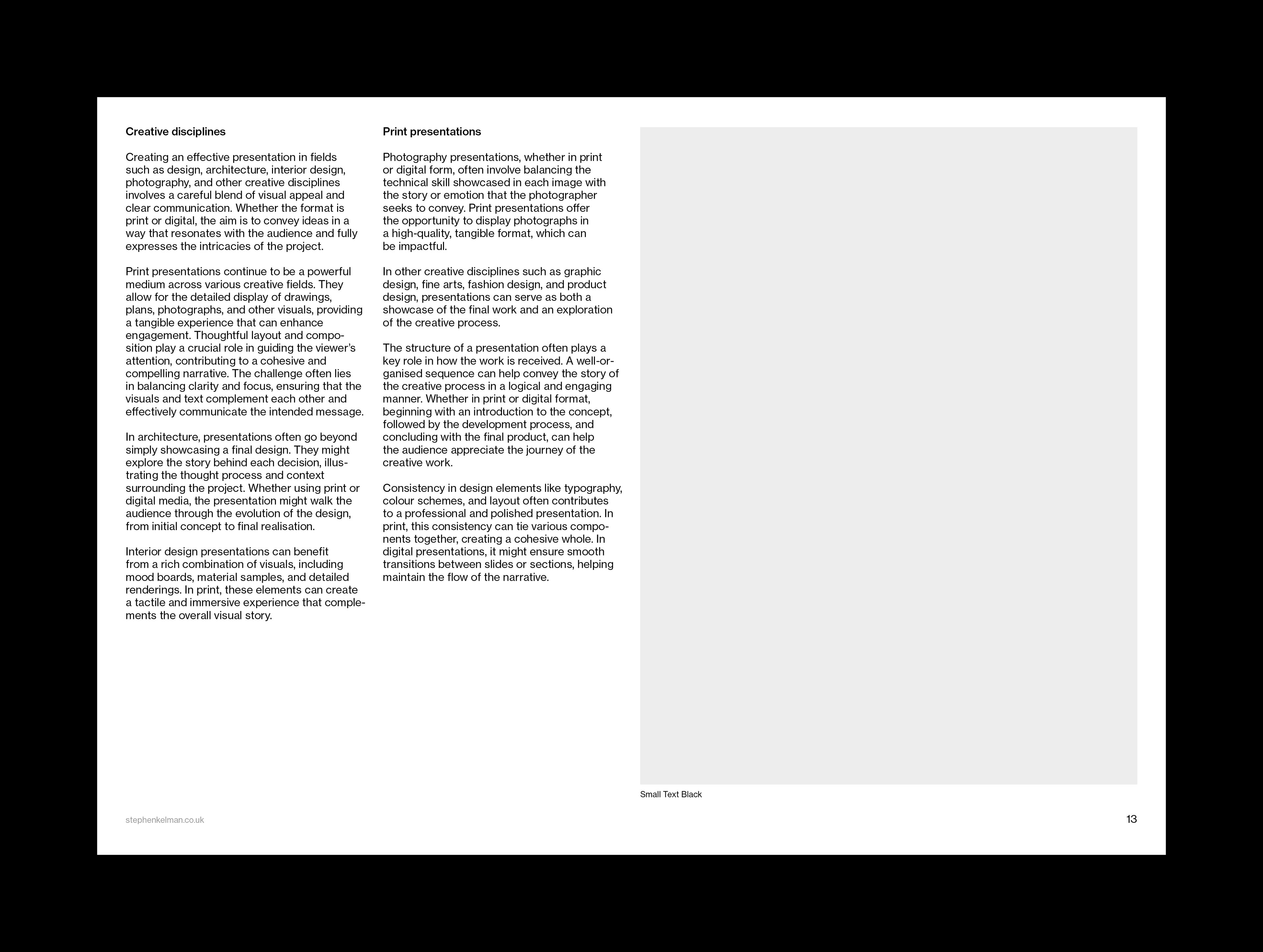 Text-led layout setting long-form copy in two dense column groups with a single small captioned image