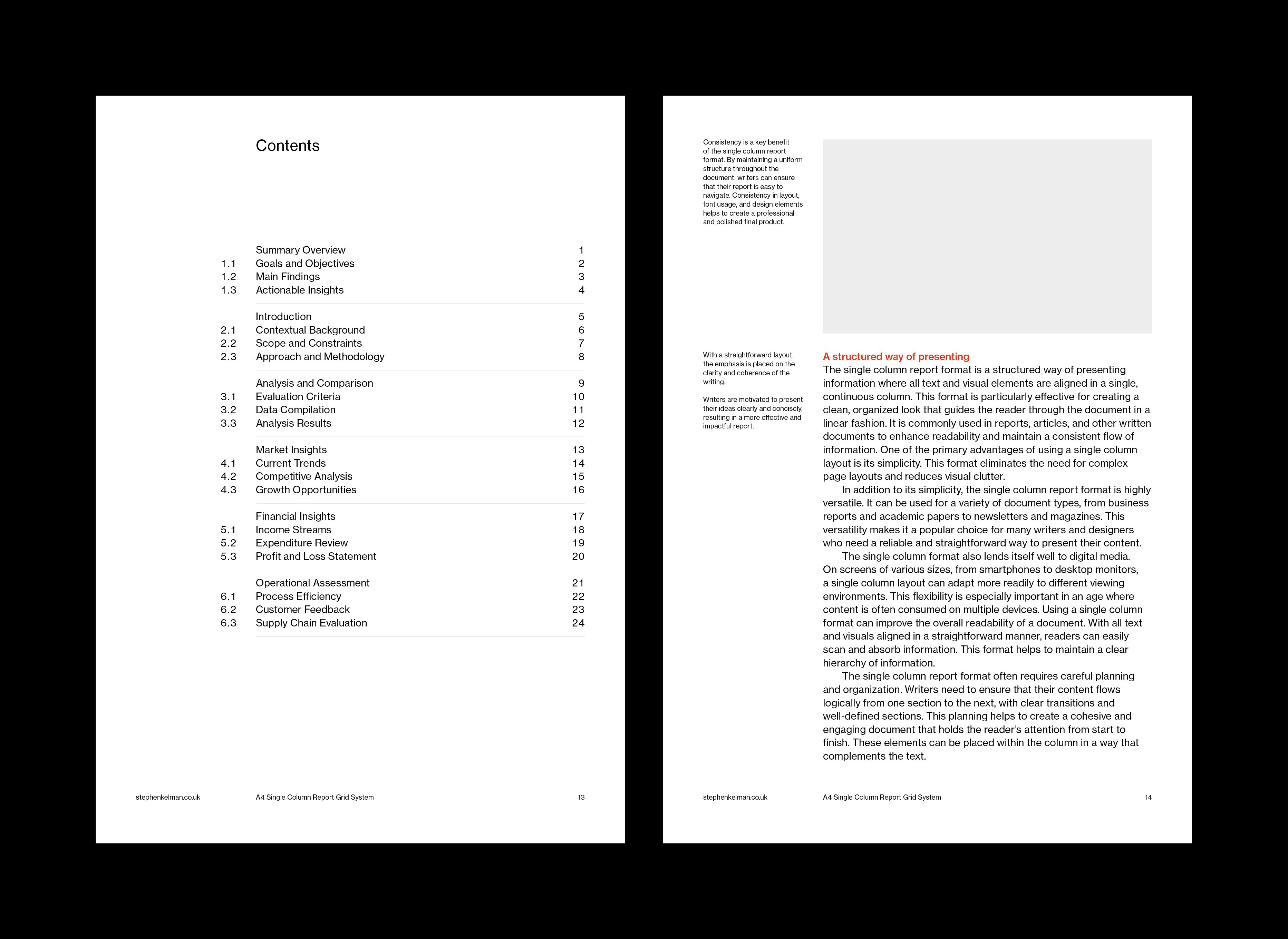 Two separate A4 pages from a single column report grid system. The left page features a minimalist table of contents with clear typographic hierarchy. The right page shows a structured single-column layout with a bold red subheading and neatly aligned body text, demonstrating clarity and visual consistency in editorial design.