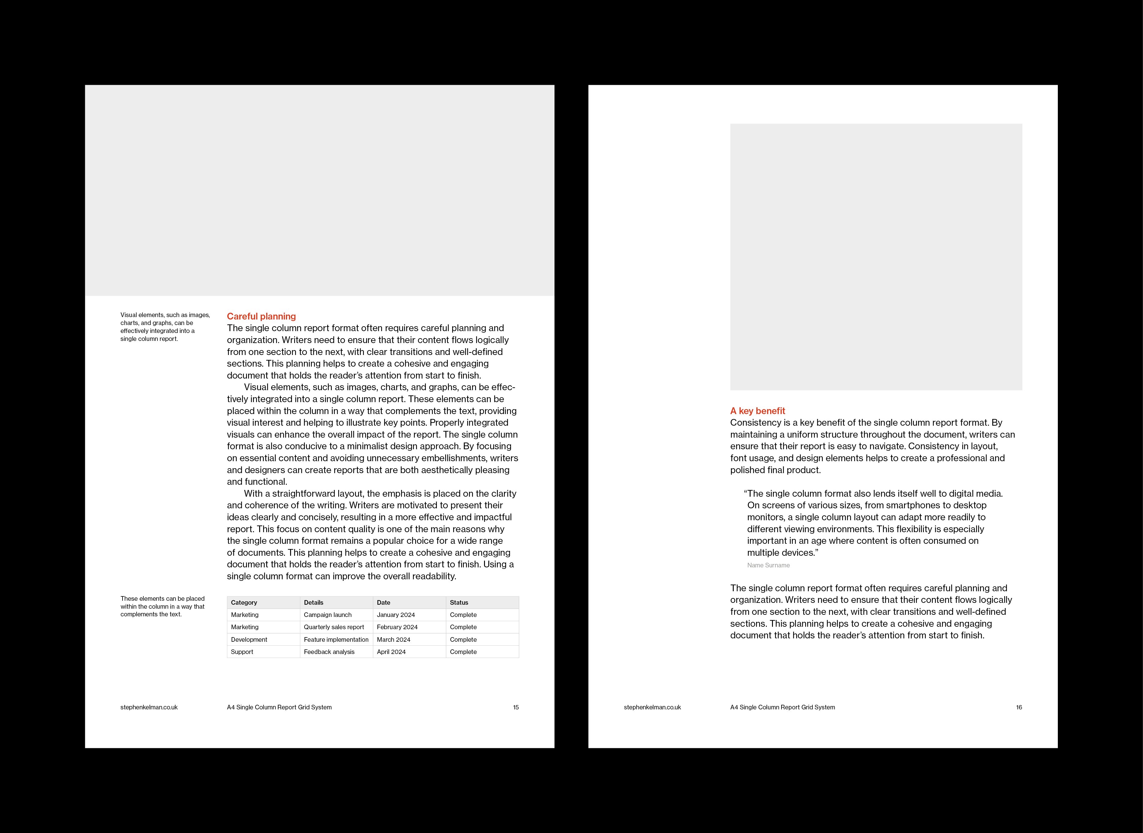 Two separate A4 pages from a single column report grid system. The left page presents a clean single-column layout featuring a red subheading titled “Careful planning,” followed by structured body text and a simple table of data. The right page includes another red subheading, “A key benefit,” and a short pull quote with a grey placeholder above it. Both pages emphasize clarity, visual hierarchy, and minimalist editorial design.