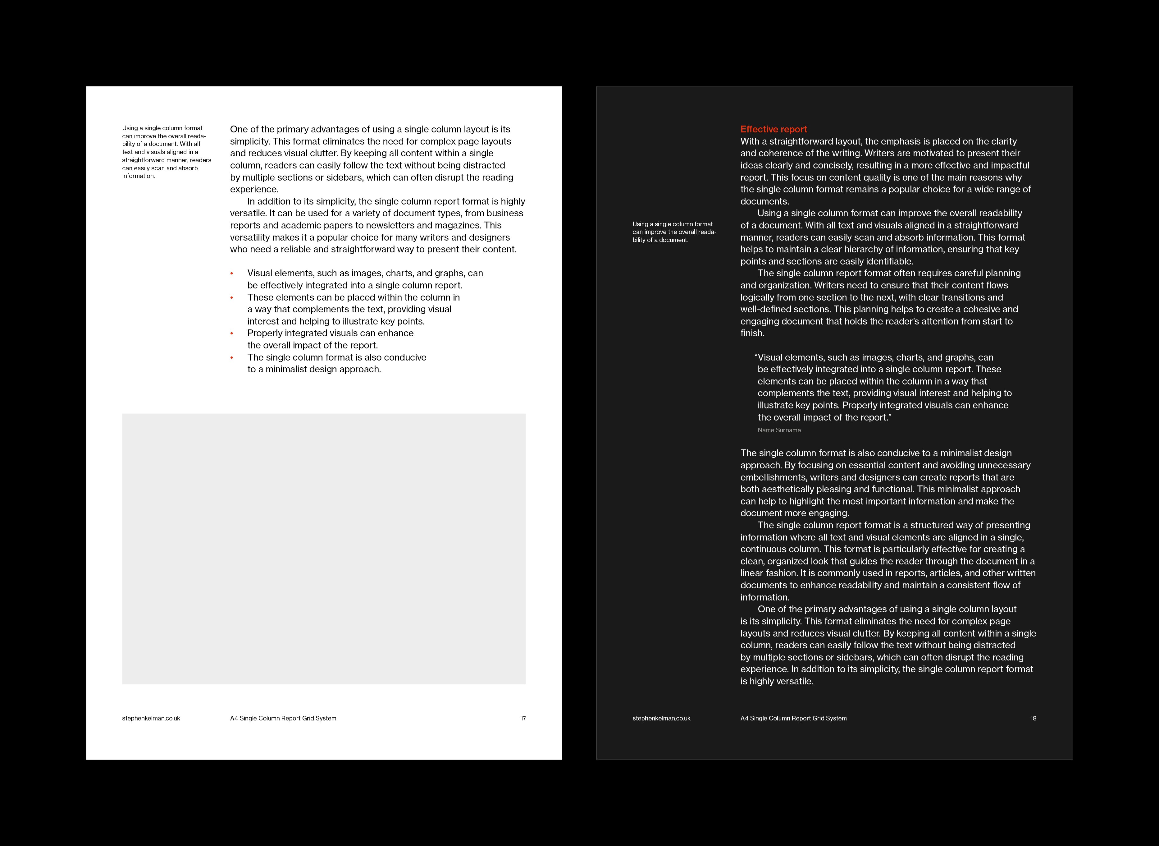 This image shows two pages from a single column report grid system laid out side by side. The left page contains a list of benefits of using a single column layout, such as simplicity, better readability, and effective integration of visual elements like images, charts, and graphs. The right page emphasizes the importance of clarity and coherence in report writing, highlighting how the single column format supports a consistent flow of information and a minimalist design approach. Both pages feature a clean, professional layout, with red accents and a minimalist design.