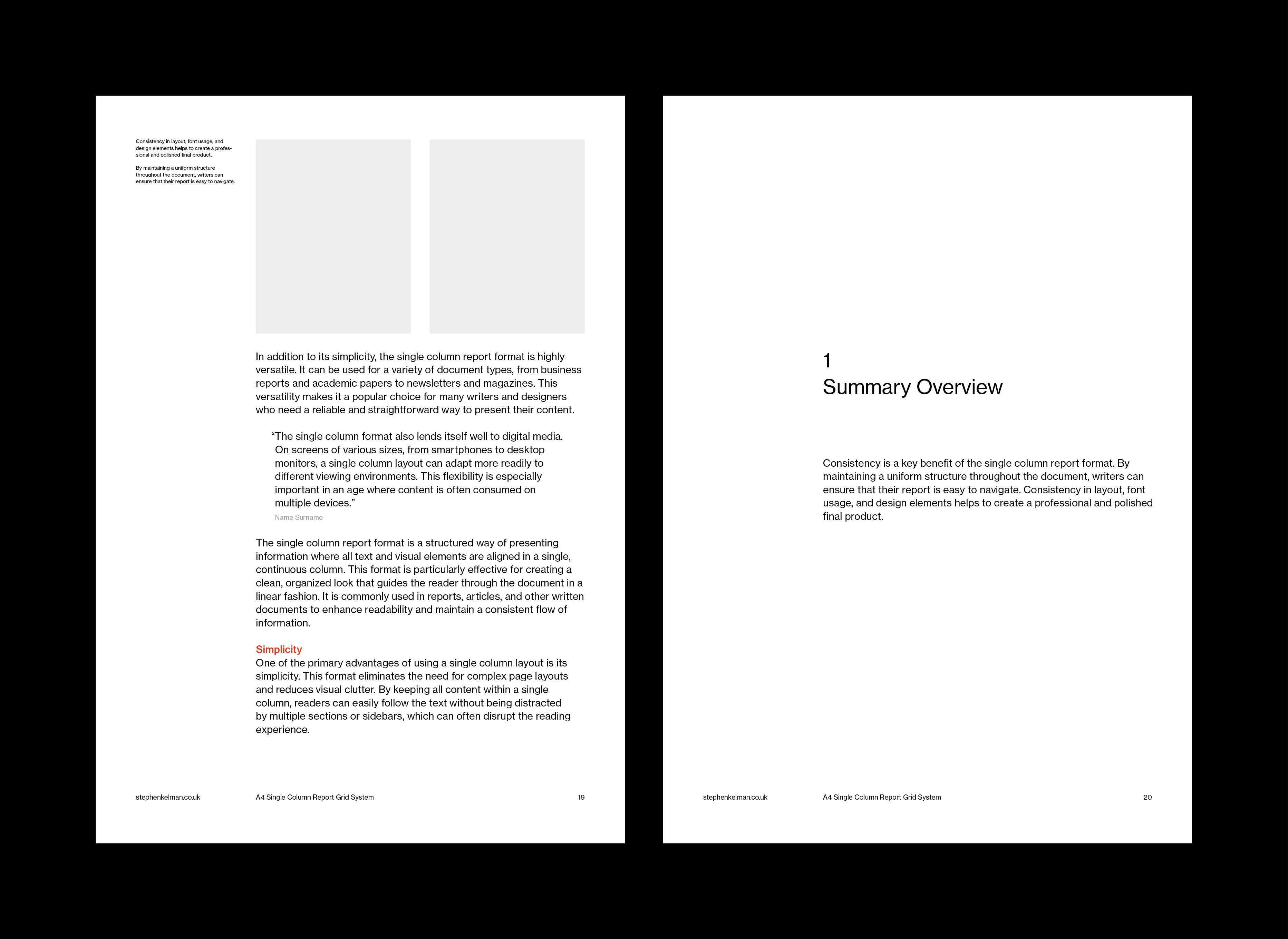 Two pages of a report featuring the single column layout grid system. The left page discusses the simplicity, versatility, and digital adaptability of the single column format. The right page introduces “Summary Overview” and explains the benefits of maintaining a consistent layout for easy navigation and professional presentation.