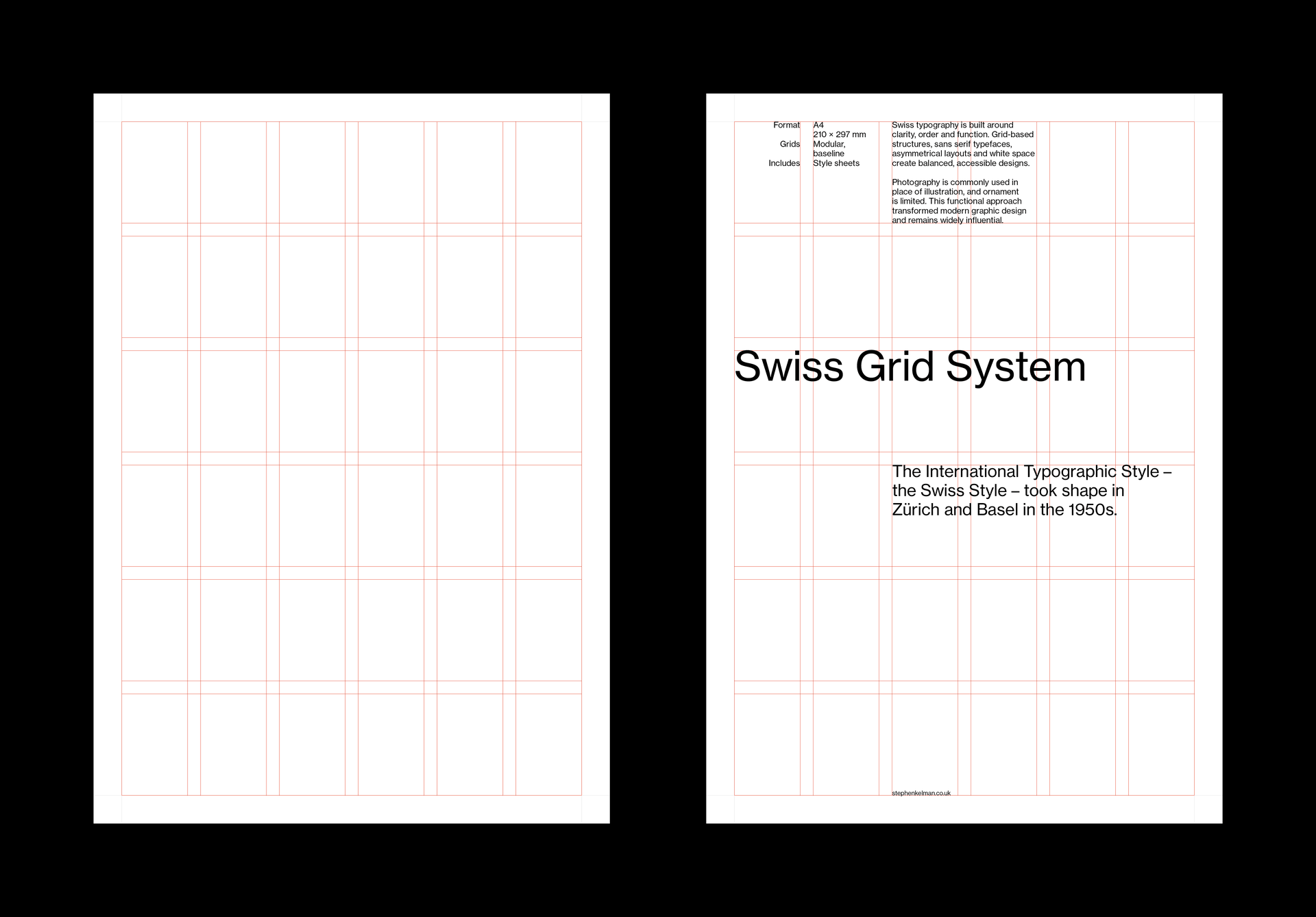 Animated cycle of ten A4 sample layouts from the Swiss grid system, each pairing the empty 36 field modular grid with a finished layout in light or dark.