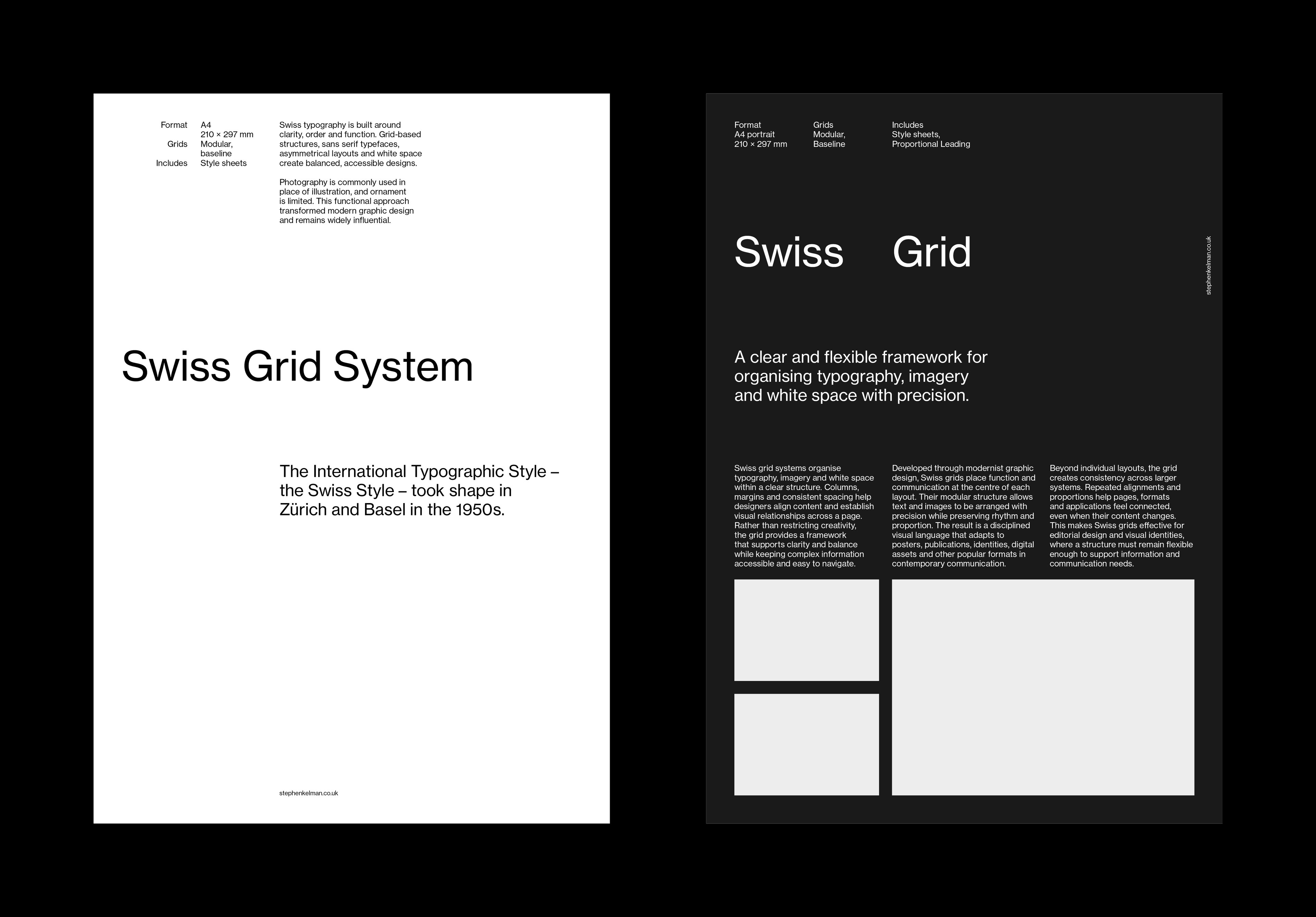 Two A4 sample layouts side by side – a light page headed Swiss Grid System with a small specification block, and a dark page with Swiss Grid set large above three columns of text and image fields.