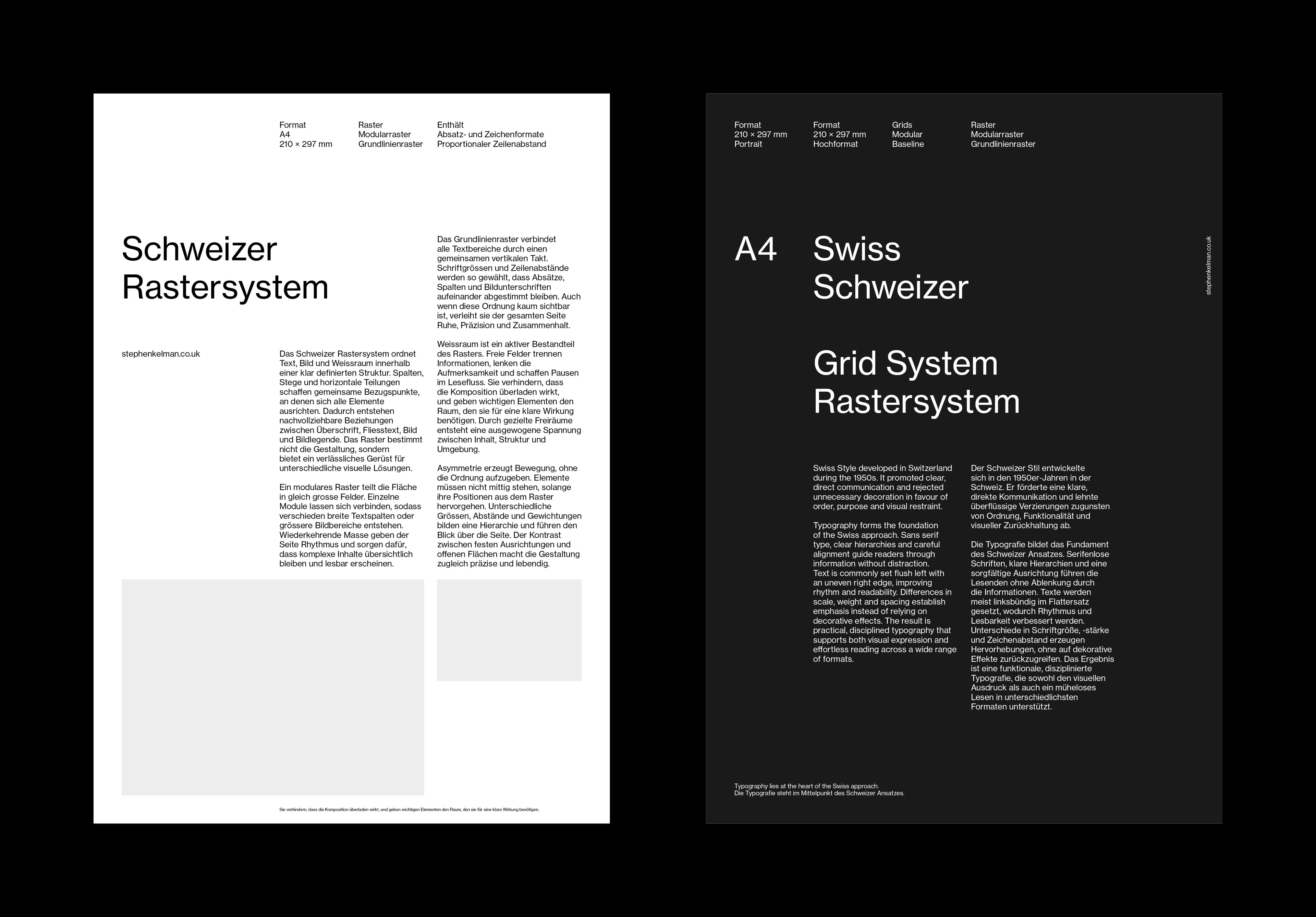 A bilingual pair of A4 layouts – a light German-language page headed Schweizer Rastersystem, and a dark page setting A4 Swiss Grid System in English and German with matching text columns.