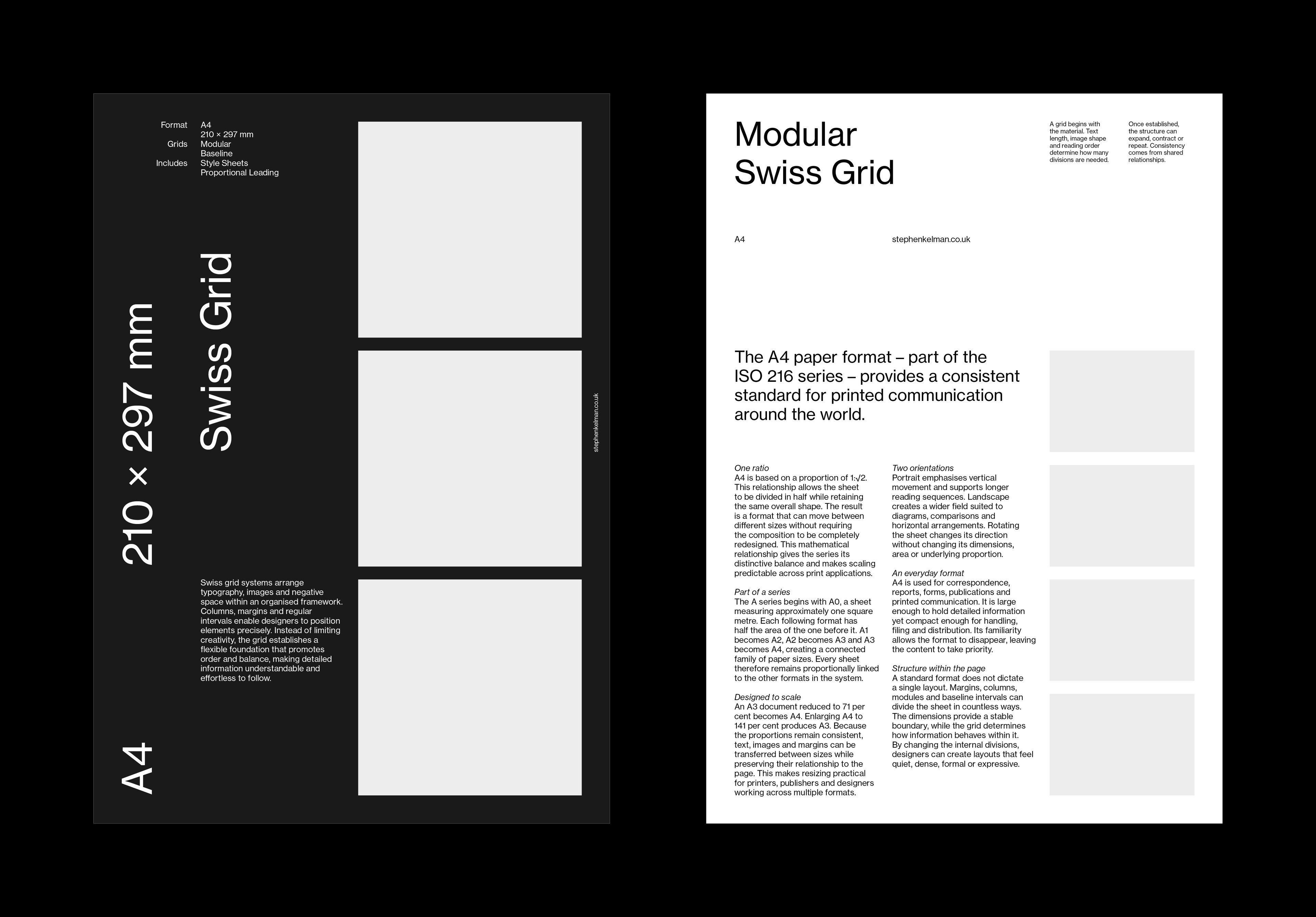 Two A4 layouts – a dark page with Swiss Grid and 210 × 297 mm set vertically beside three image fields, and a light Modular Swiss Grid page on the ISO 216 format with four image fields.